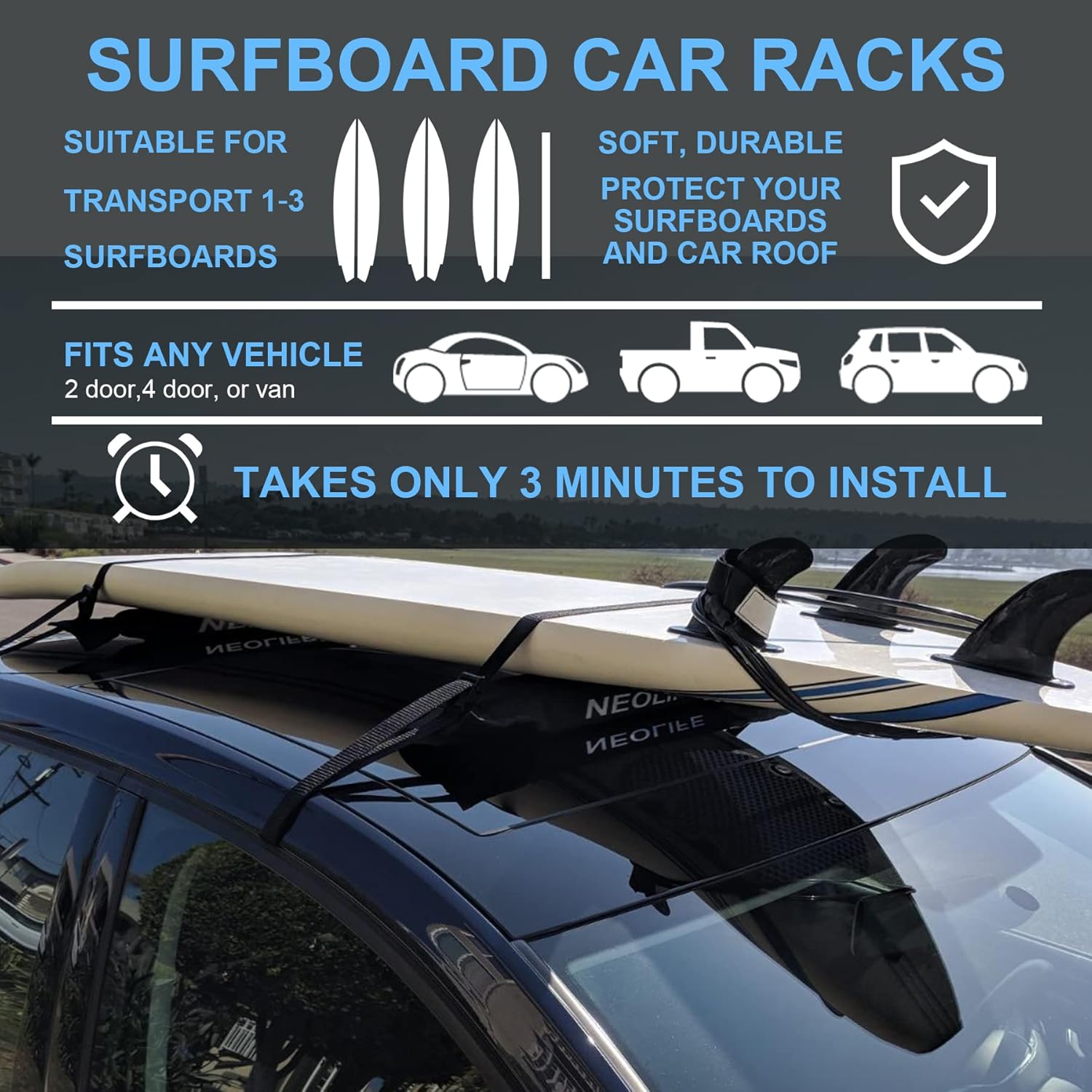 WONITAGO Soft Roof Rack Pads with Single Wrap-Rax Straps for Surfboard, SUP Paddleboard, Snowboard, 19 inch (Pair) Black : Sports & Outdoors