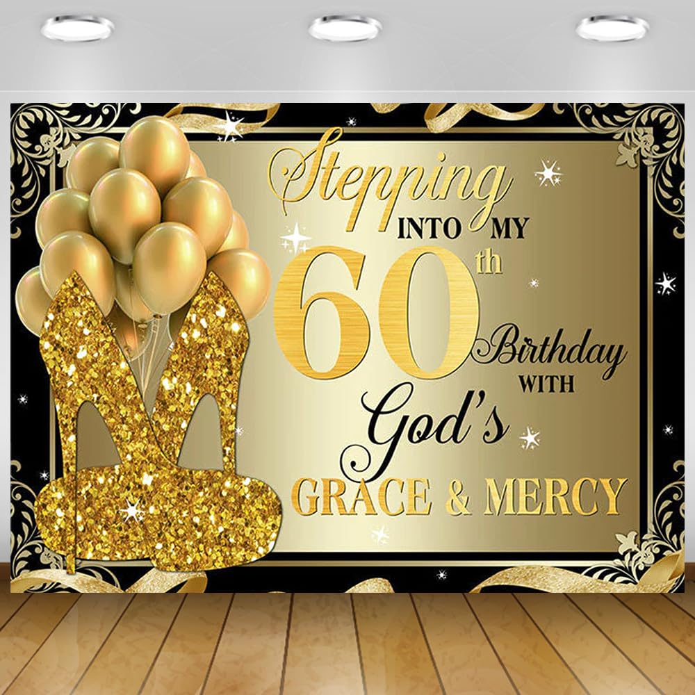 7x5Ft 60th Birthday Backdrop for Women Black Gold Sequins High Heels Balloons Birthday Backdrop Photography Background for Women Happy Birthday Backdrop for Photo Studio