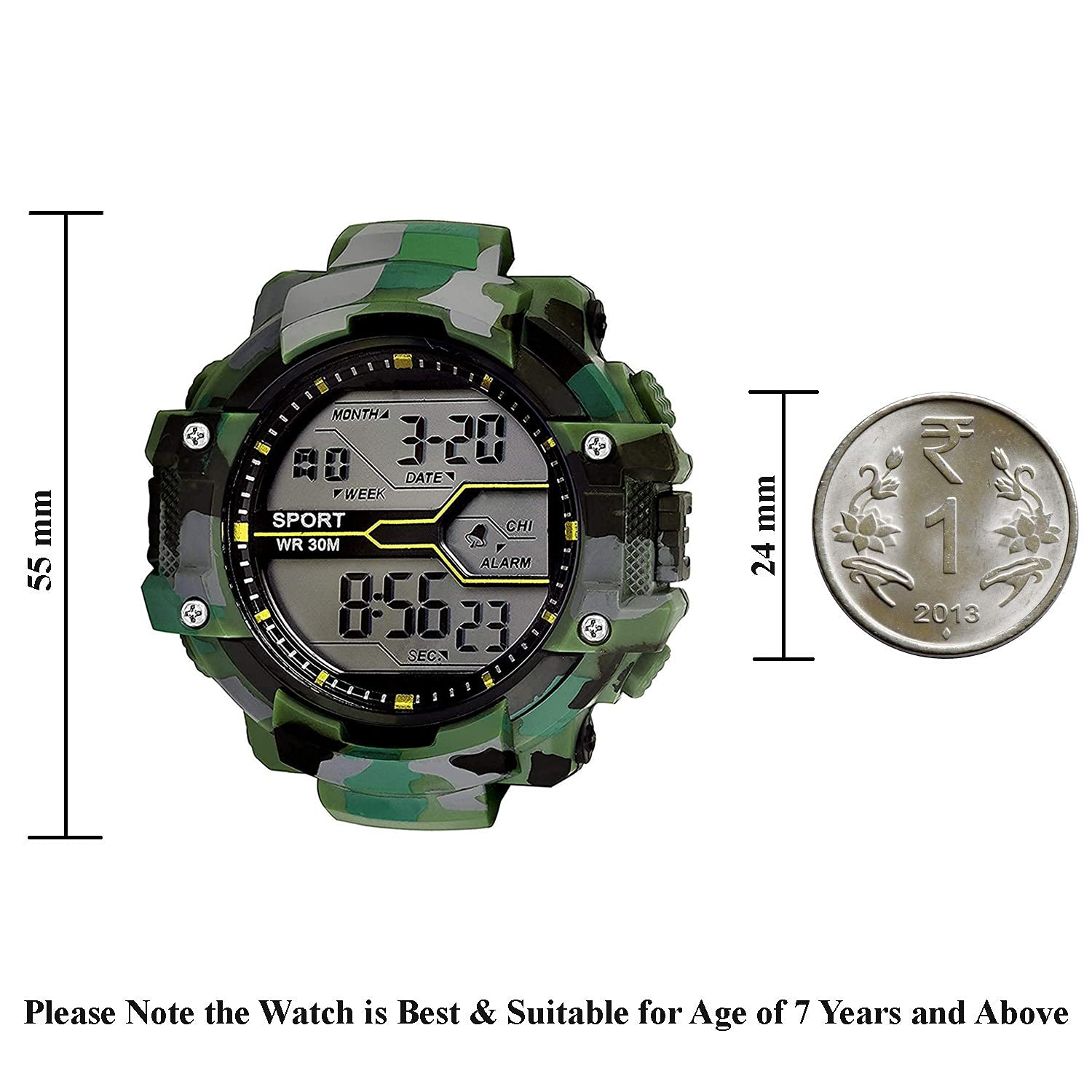 SWADESI STUFF Kids Digital Watch with Army Green Rubber Strap, Black Dial, and Multi-Function Display for Boys and Girls 1