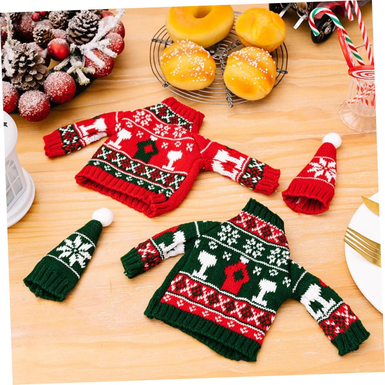 Xmas Christmas Wine Bottle Cover Green Polyester Holiday Decor Set