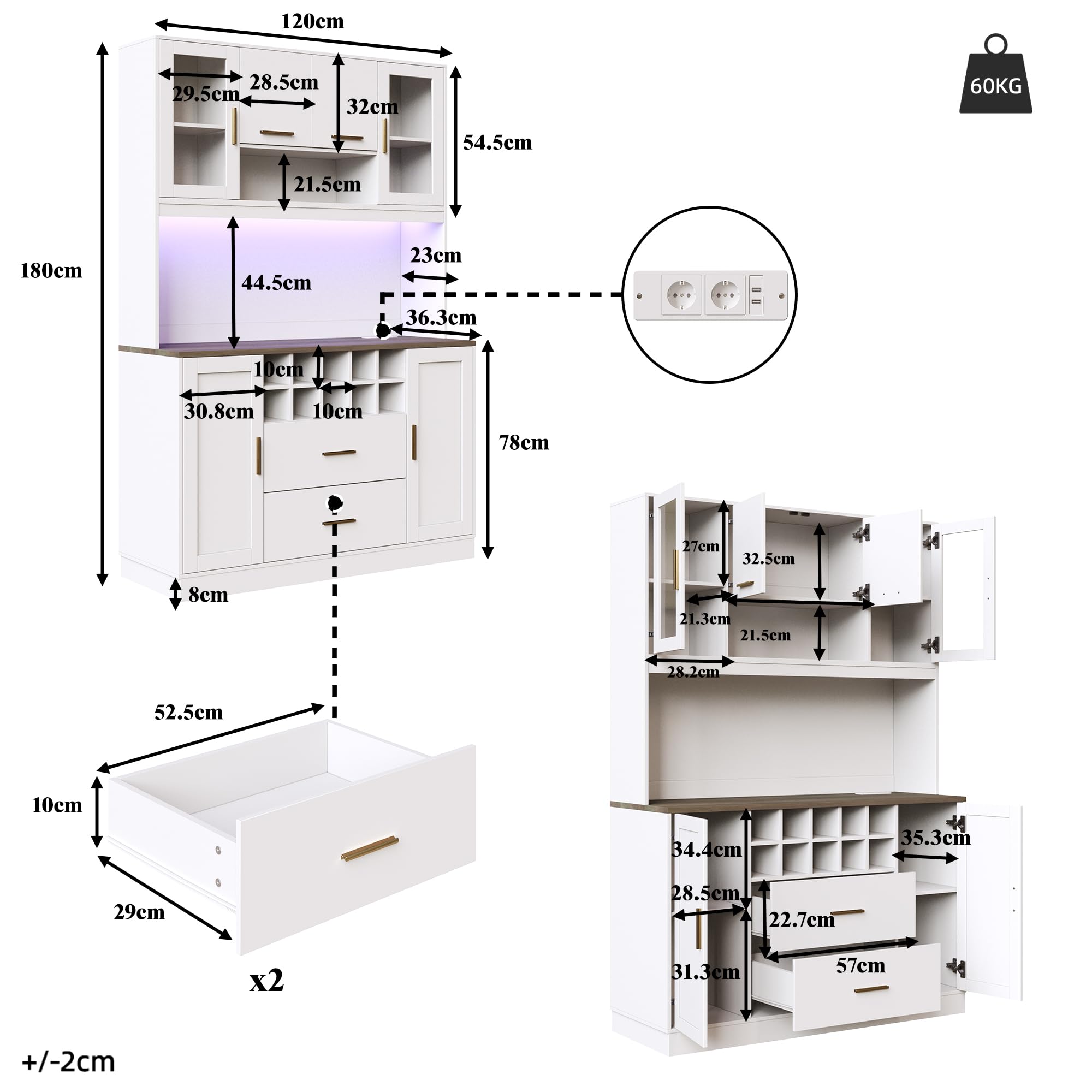 Seitenschrank, Aufbewahrungsschrank, Küchenschrank, 120x36,3x180 cm, mit LED-Beleuchtung und Steckdose, sechs Türen, Zwei große Schubladen, Weiß