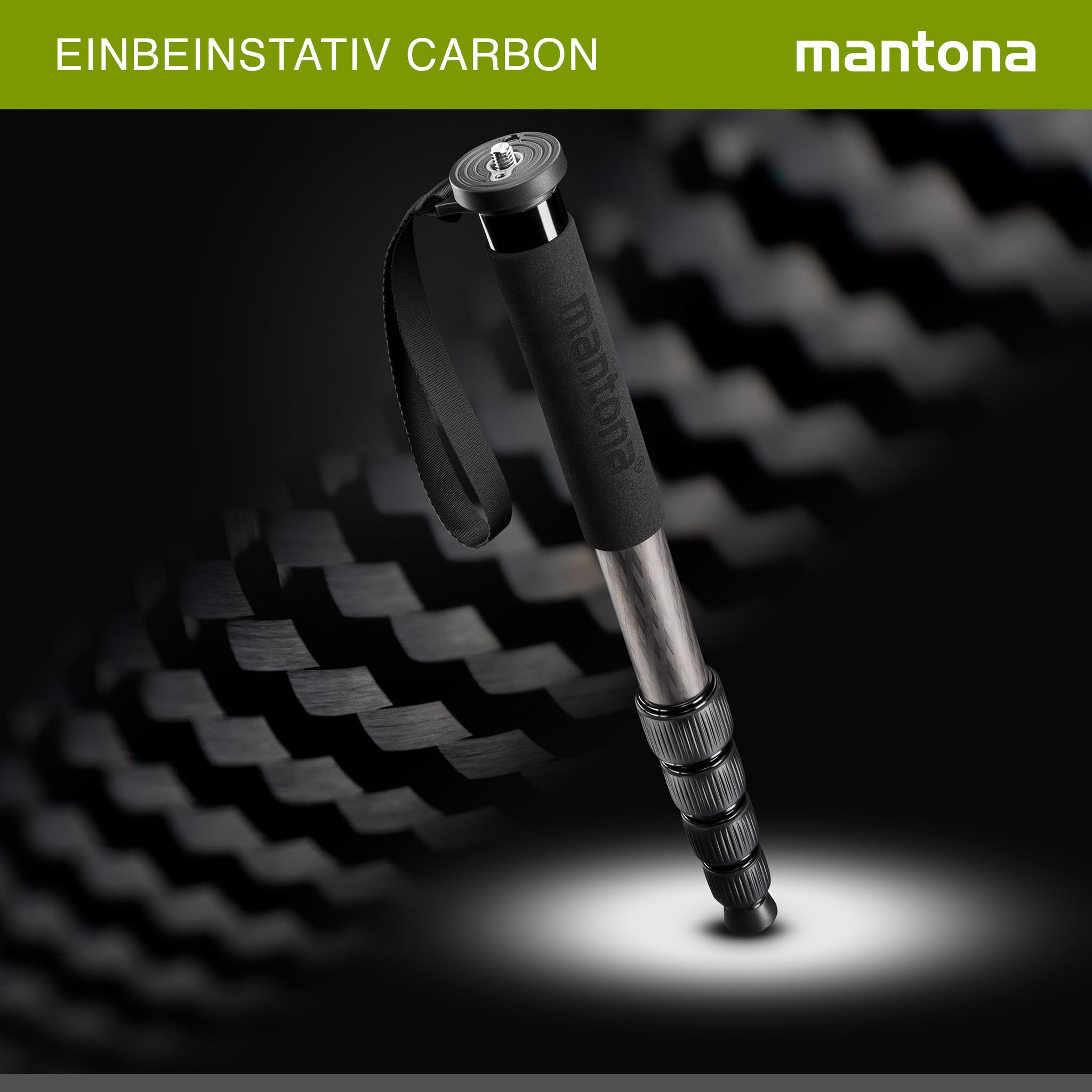 mantona Pro One Einbeinstativ aus ultraleichtem Carbon schwarz, Stativ höhenverstellbar von 44 cm bis 165 cm, praktische Schaumstoffummantelung & Handschlaufe, kompakt & belastbar mit Zubehör