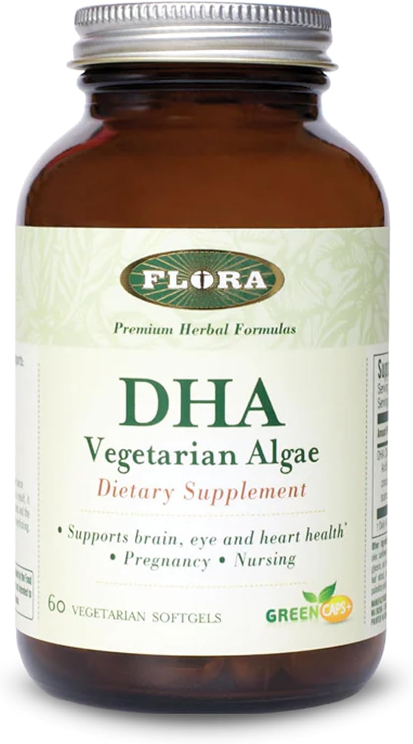 Flora - Premium DHA Vegetarian Algae GreenCaps, Supports Brain and Cognitive Function, Gluten Free, Unrefined Medium-Chain Triglycerides No GMOs, 60 Vegetarian Softgels