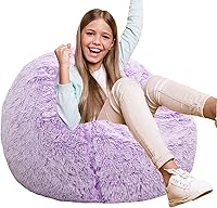 Kisoy Fluffy Faux Fur Bean Bag Chair for Kids & Teens, 2.5FT Round Memory Foam Filled, Ultra Soft Lavender for Playroom Bedroom