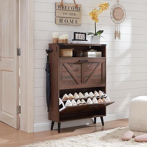 Miniatura 7 de Zapatero, organizador de zapatos con 2 cajones y diseño estilo campestre, armario independiente oculto estrecho, con estantes abiertos, para