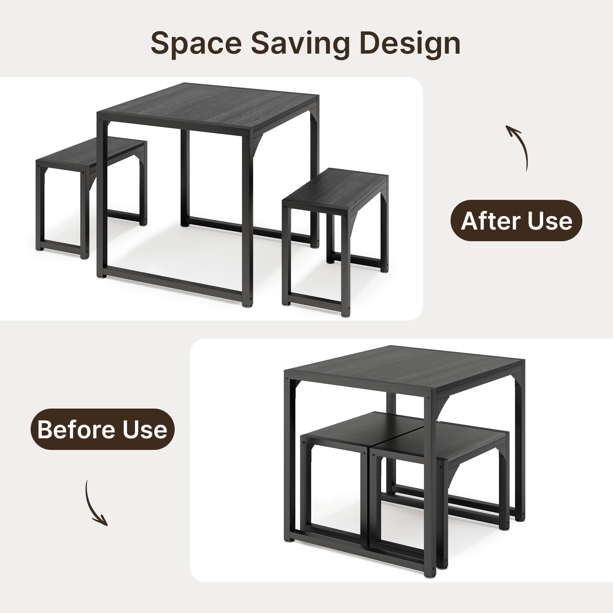 Conjunto de Mesa y 2 Bancos de Comedor de 3 Piezas, Juego de Mesa de Cocina Ahorro de Espacio, Estructura de Metal Industrial Robusta, para Apartamentos Pequeños, Cocina (Negro)