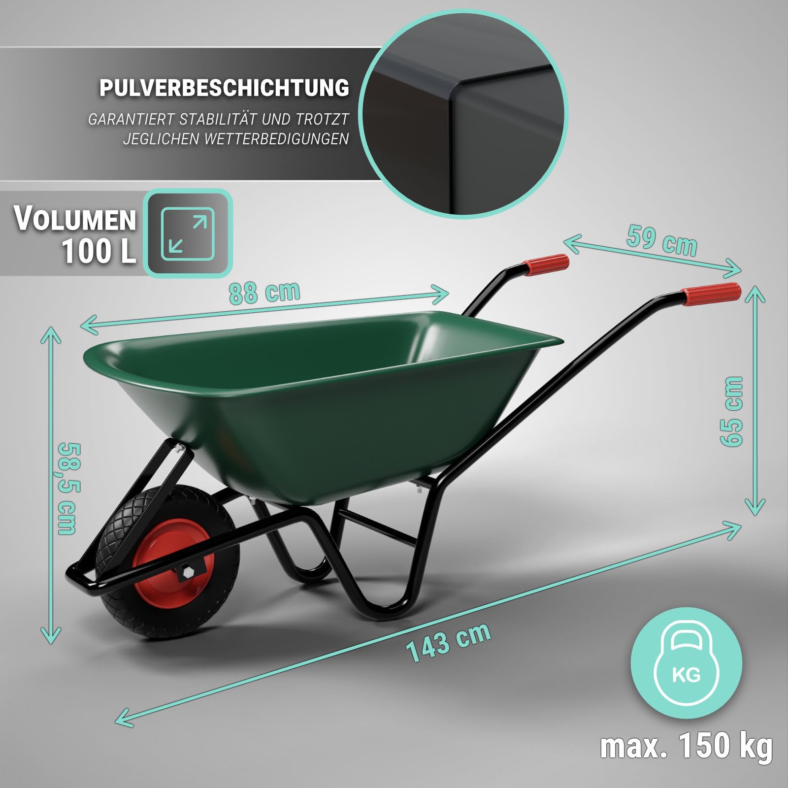 Schubkarre | Robustes Polypropylen | 150kg Tragkraft | 100L Volumen | Luftreifen | Grün | Ergonomischer Griff