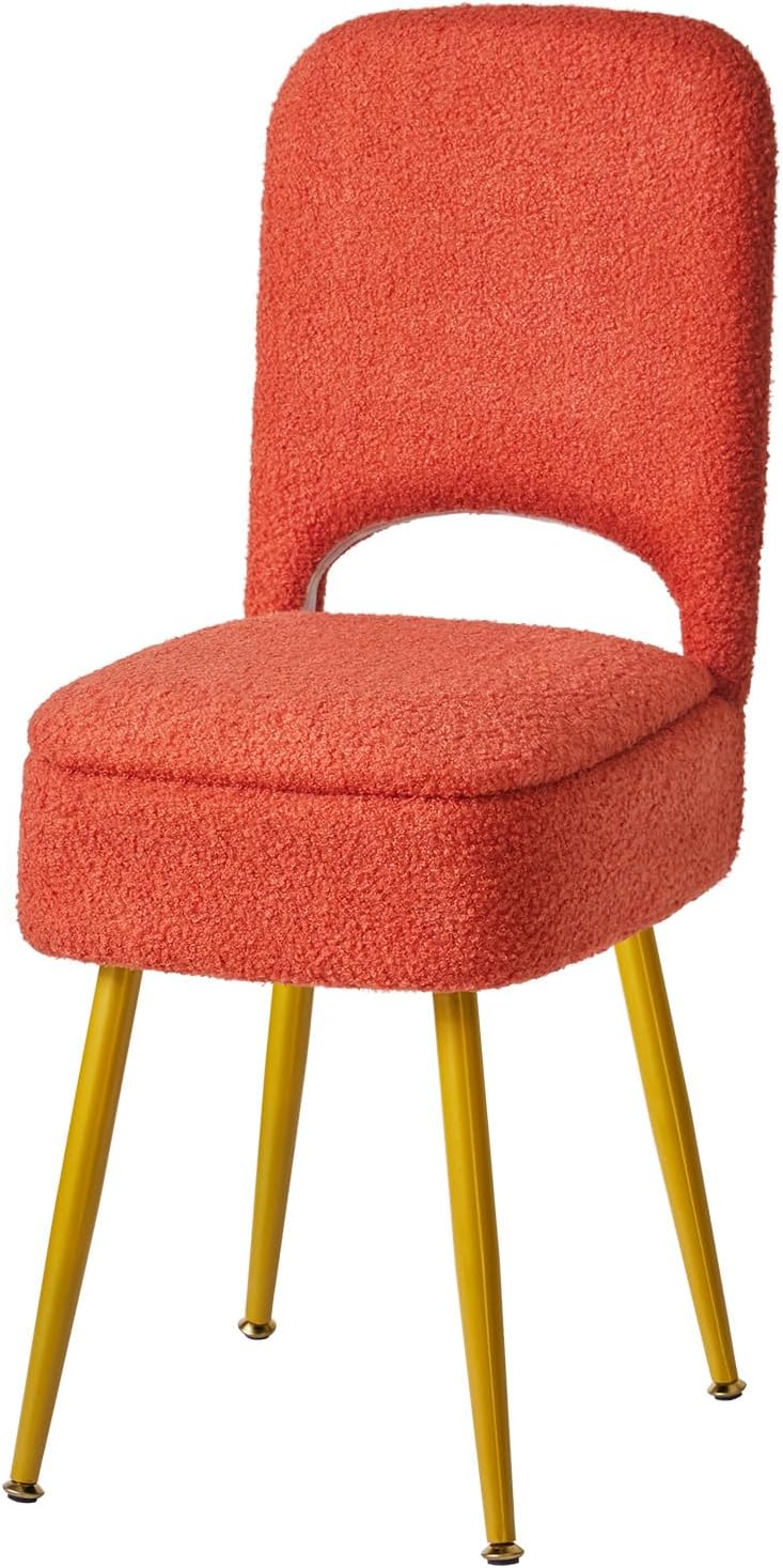 IBUYKE Small Storage Vanity Stool with Folding Backrest, 12.99" x 13.78" x 31.5" Square Teddy Velvet Ottoman, Makeup Chair for Living Room, 4 Metal Legs with Anti-Slip Feet, Orange WBD027J