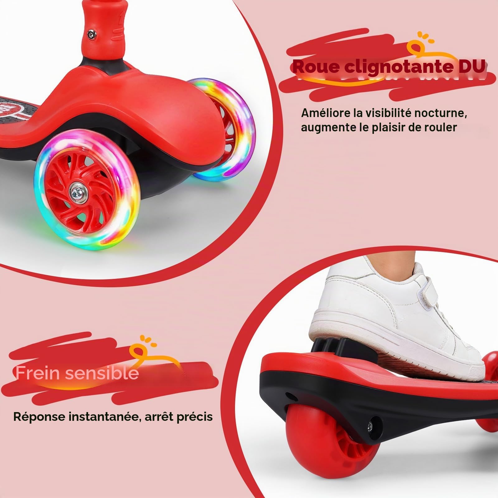 Trottinette pliable pour enfant avec clignotants, hauteur réglable, large plateau et frein, pour garçons et filles à partir de 3 ans