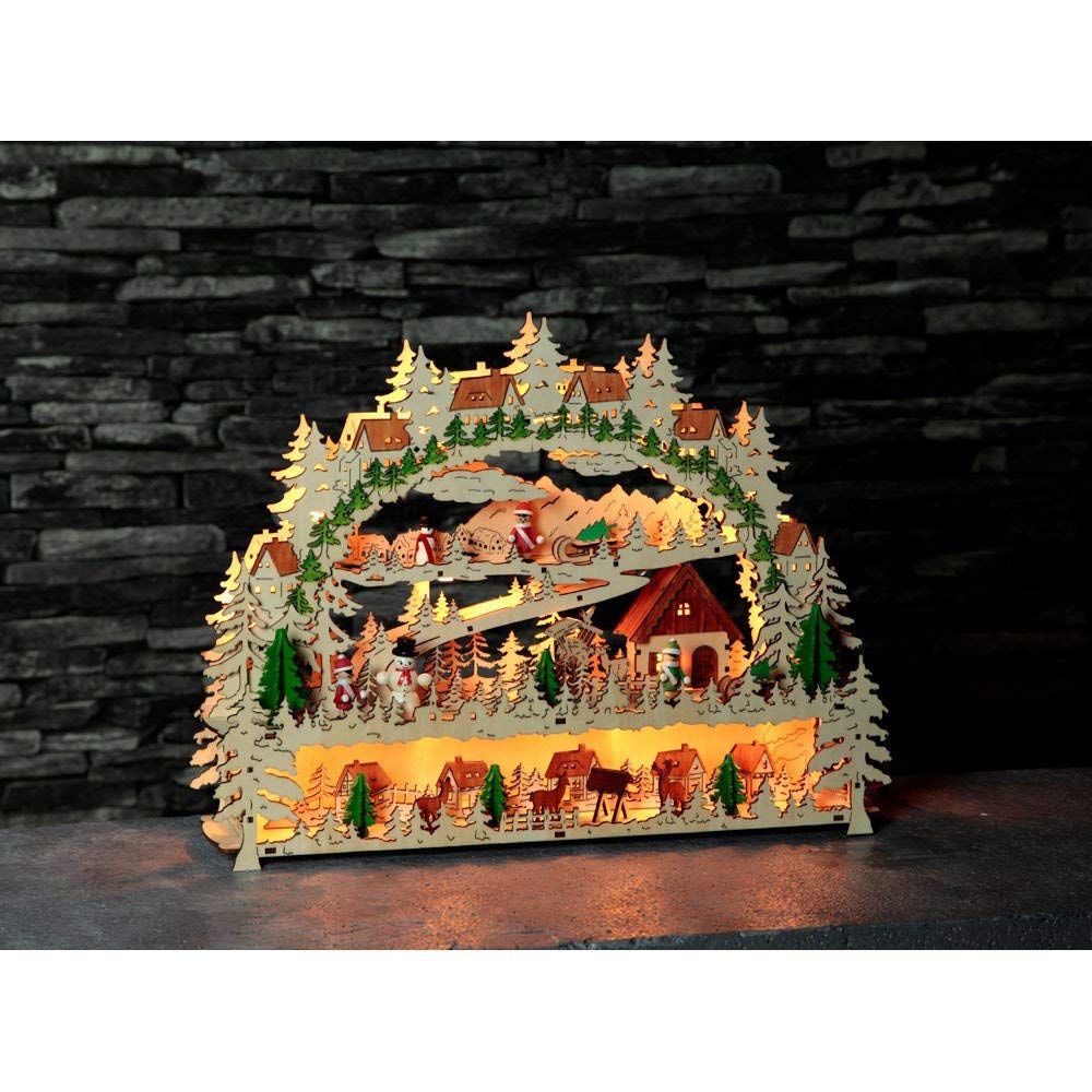 LED-Fensterleuchter "Village" 14 warmwhite LED, Material: Holz, Farbe: natur/bunt, ca. 34 cm x 45 cm Trafo,