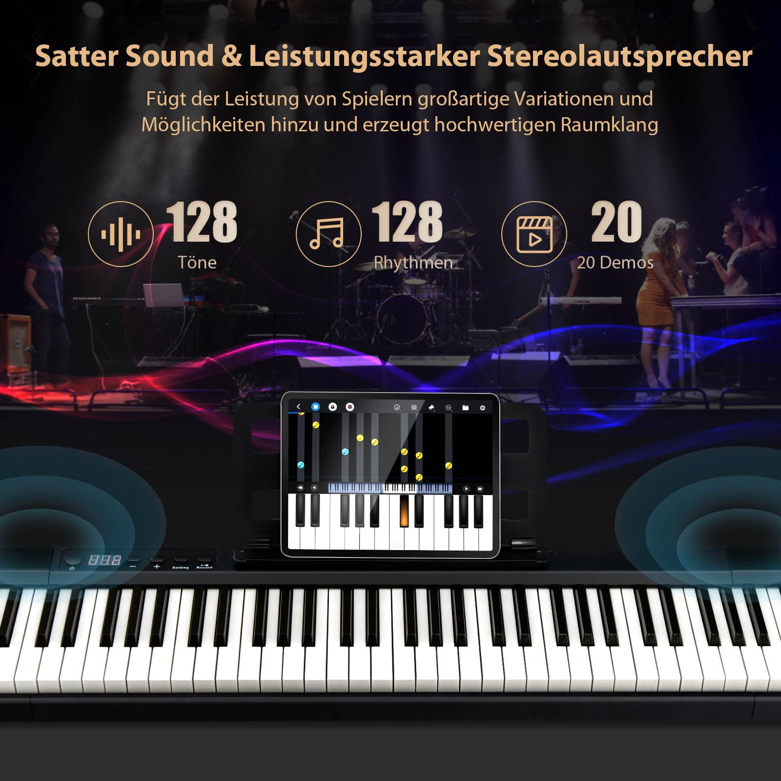 COSTWAY 88 klawiatur na pianinie elektrycznym, cyfrowa klawiatura przenośna (128 rytmów, 128 dźwięków i 20 demo), zestaw instrumentów muzycznych dla dzieci i dorosłych
