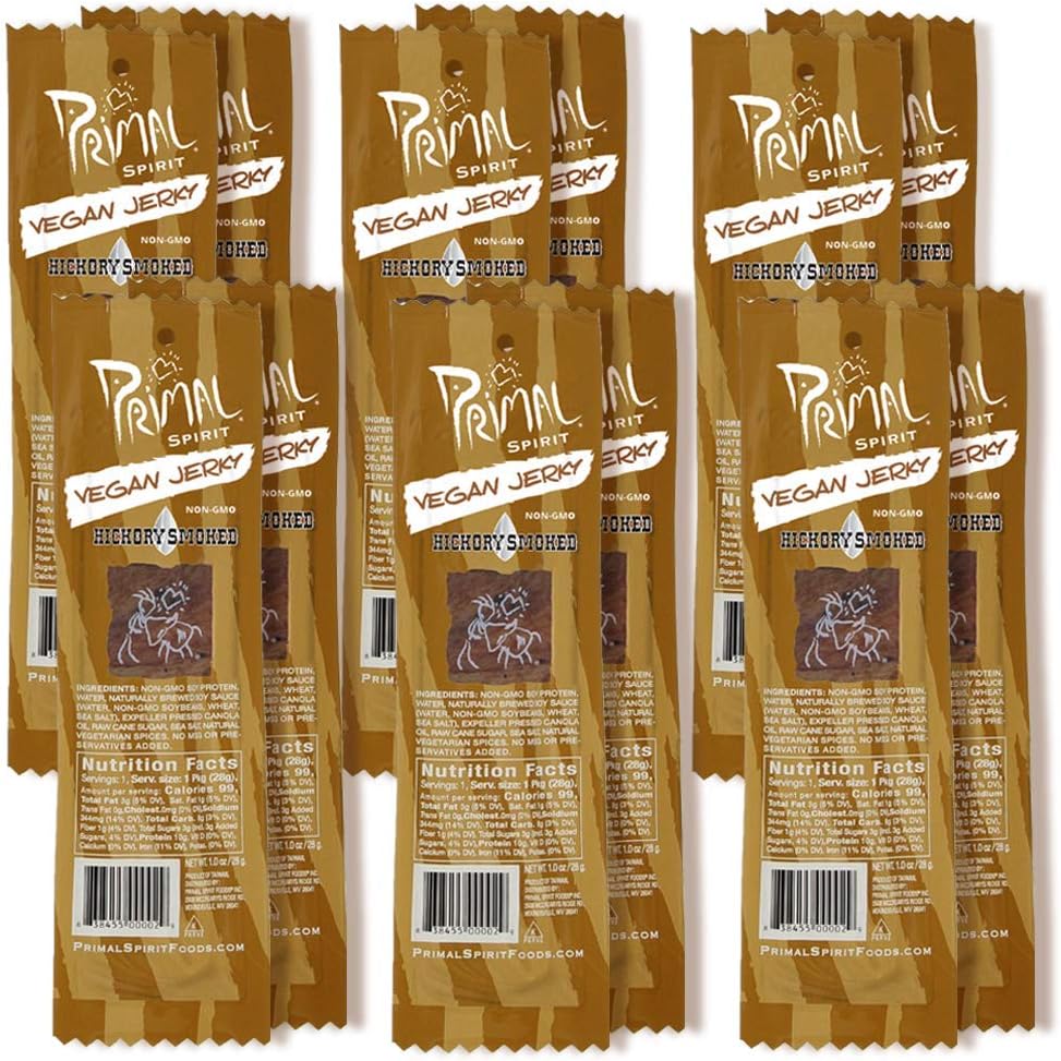 Primal Spirit Vegan Jerky – “Classic Flavor” – Hickory Smoked, 10 g. Plant Based Protein, Certified Non-GMO, No Preservatives, Sports Friendly Packaging (12 Pack, 1 oz)