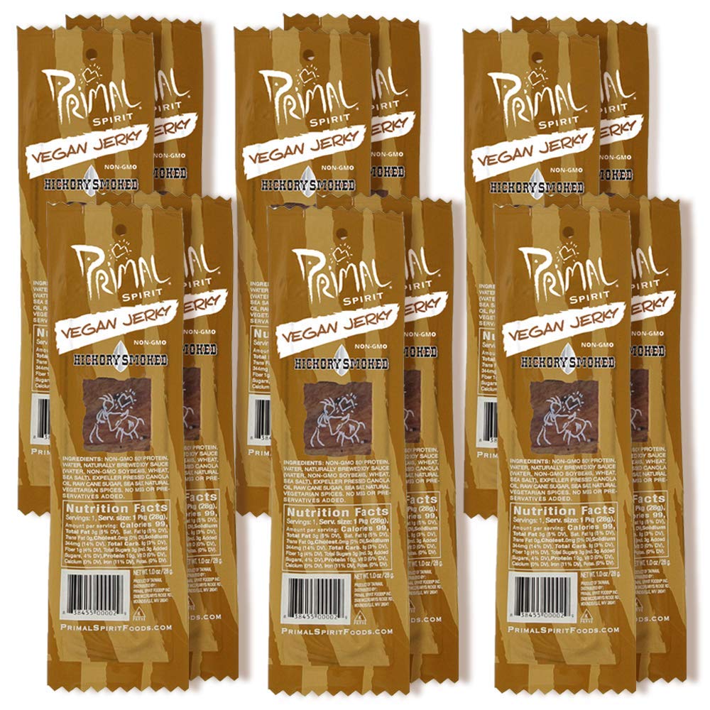 Primal Spirit Vegan Jerky – “Classic Flavor” – Hickory Smoked, 10 g. Plant Based Protein, Certified Non-GMO, No Preservatives, Sports Friendly Packaging (12 Pack, 1 oz)