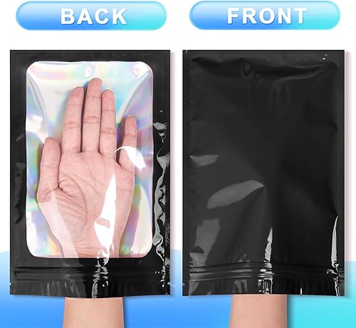 Miniatura 3 de 100 bolsas de mylar a prueba de olores, bolsa de embalaje holográfico resellable con ventana transparente para almacenamiento de alimentos,