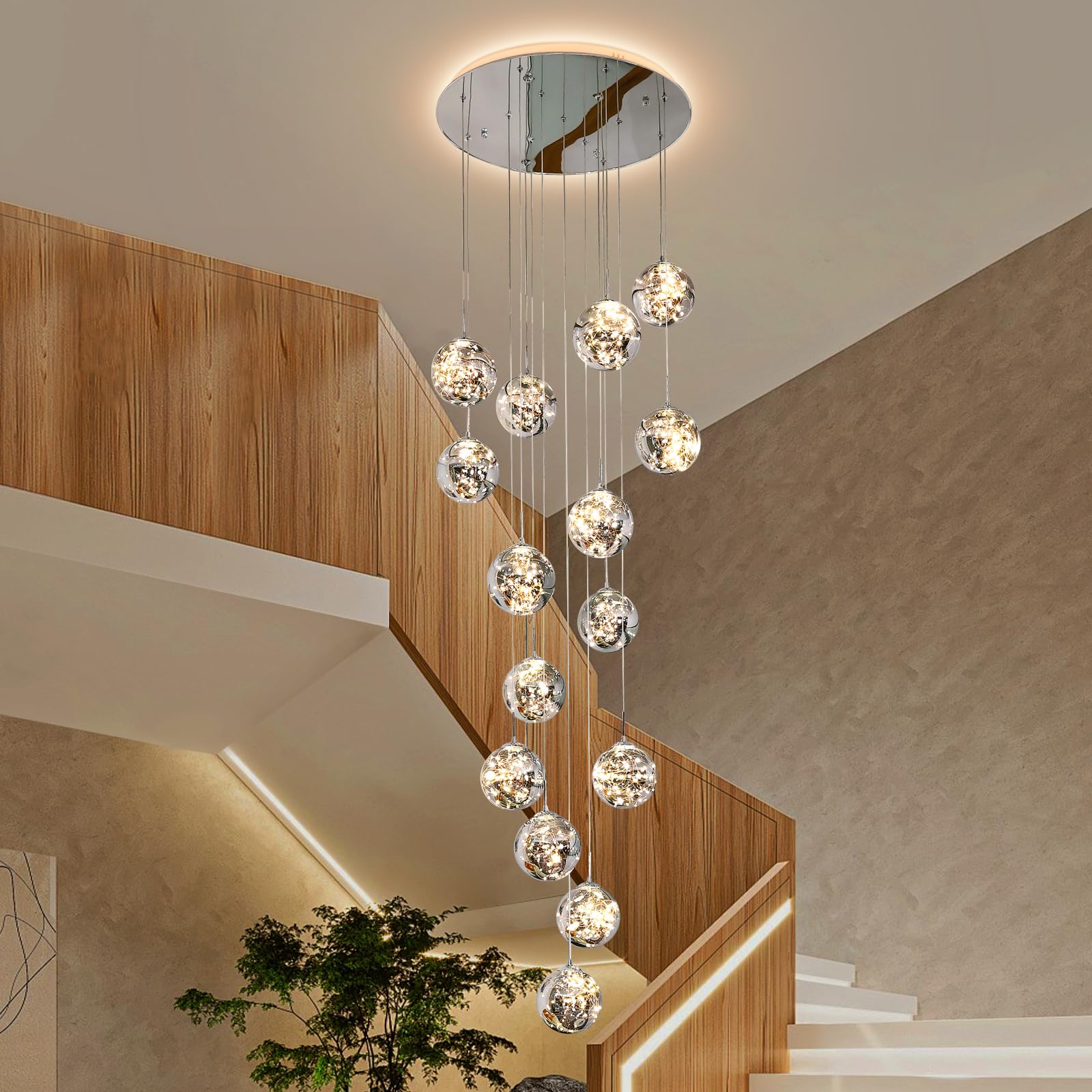 250CM Lampadario LED per Scale 15 Sfere di Vetro 80W 3000K Grigio | Treppenhaus Lampada a Sospensione Soffitto Moderne Länge Lampadari Ville Luci la Sala Cucina Soggiorno Glass ball