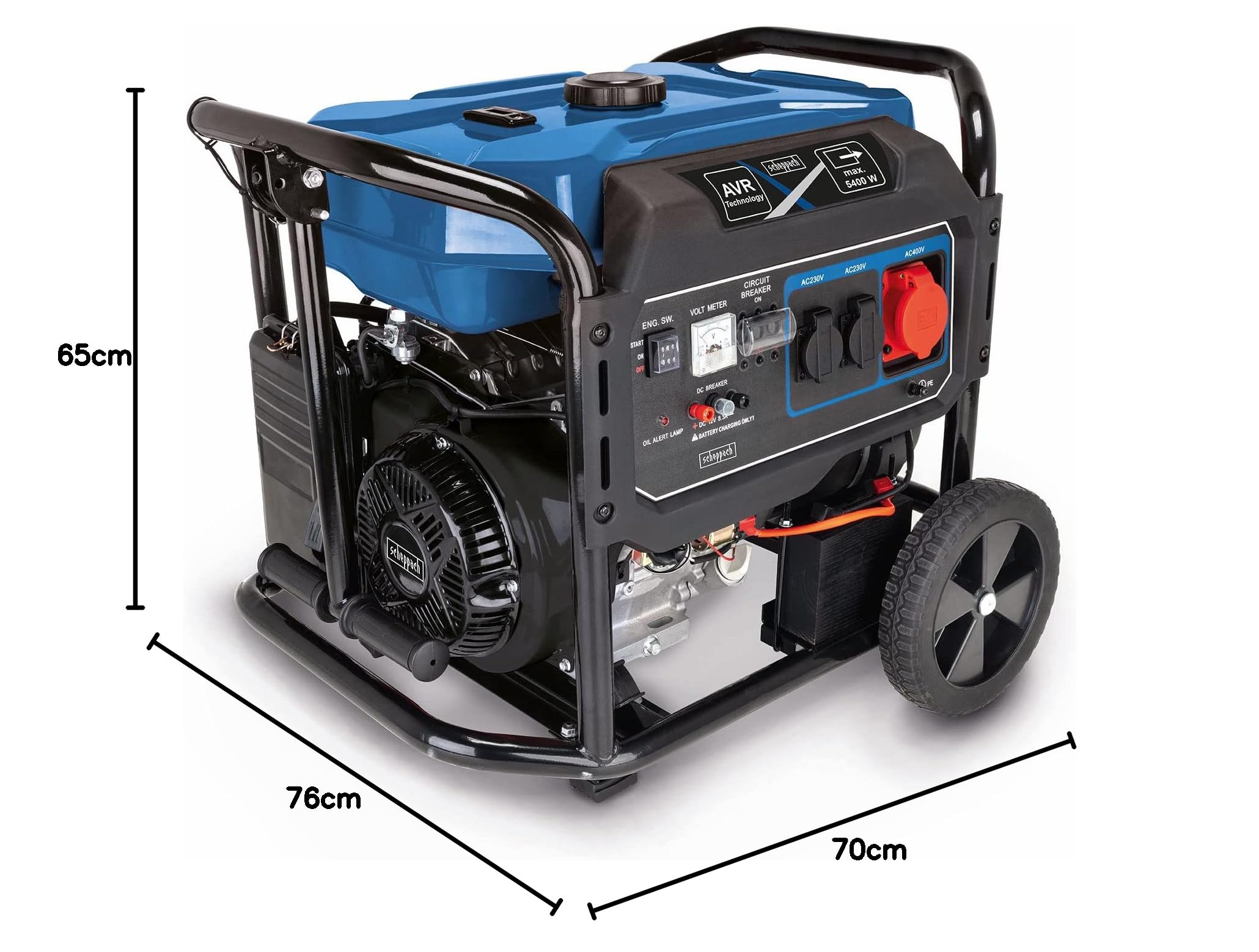 Scheppach Generatore di corrente a benzina SG7100x con avviamento elettrico, motore a benzina a 4 tempi con 12 CV, potenza 5400 W, 2 x 230 V, 1 presa da 400 V, connettore da 12 V, serbatoio da 25 l,