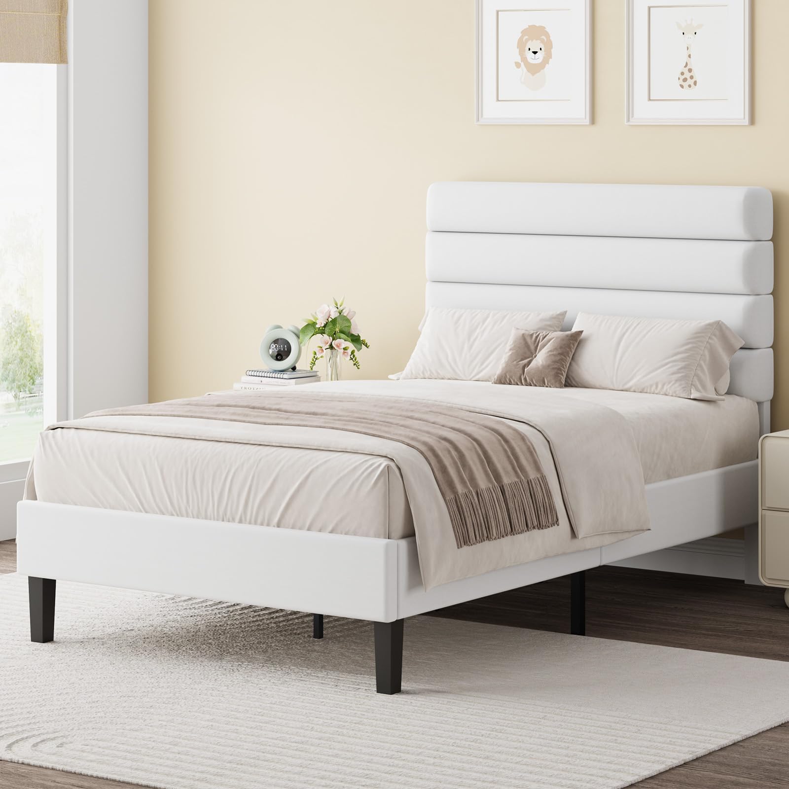 Twin Bed Frame, Twin Platform Bed Frame with Velvet Upholstered Headboard and Wooden Slats Support, No Box Spring Needed, Noise-Free, Easy Assembly, White