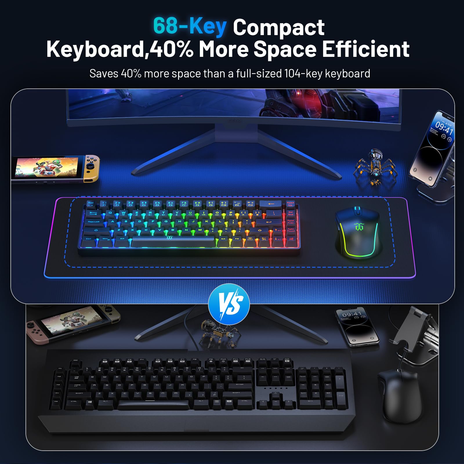 Snpurdiri - Combo de teclado y mouse para juegos 60% inalámbrico, batería recargable con retroiluminación LED de 2000 mAh, teclado de membrana pequeña pero sensación mecánica + ratones RGB populares