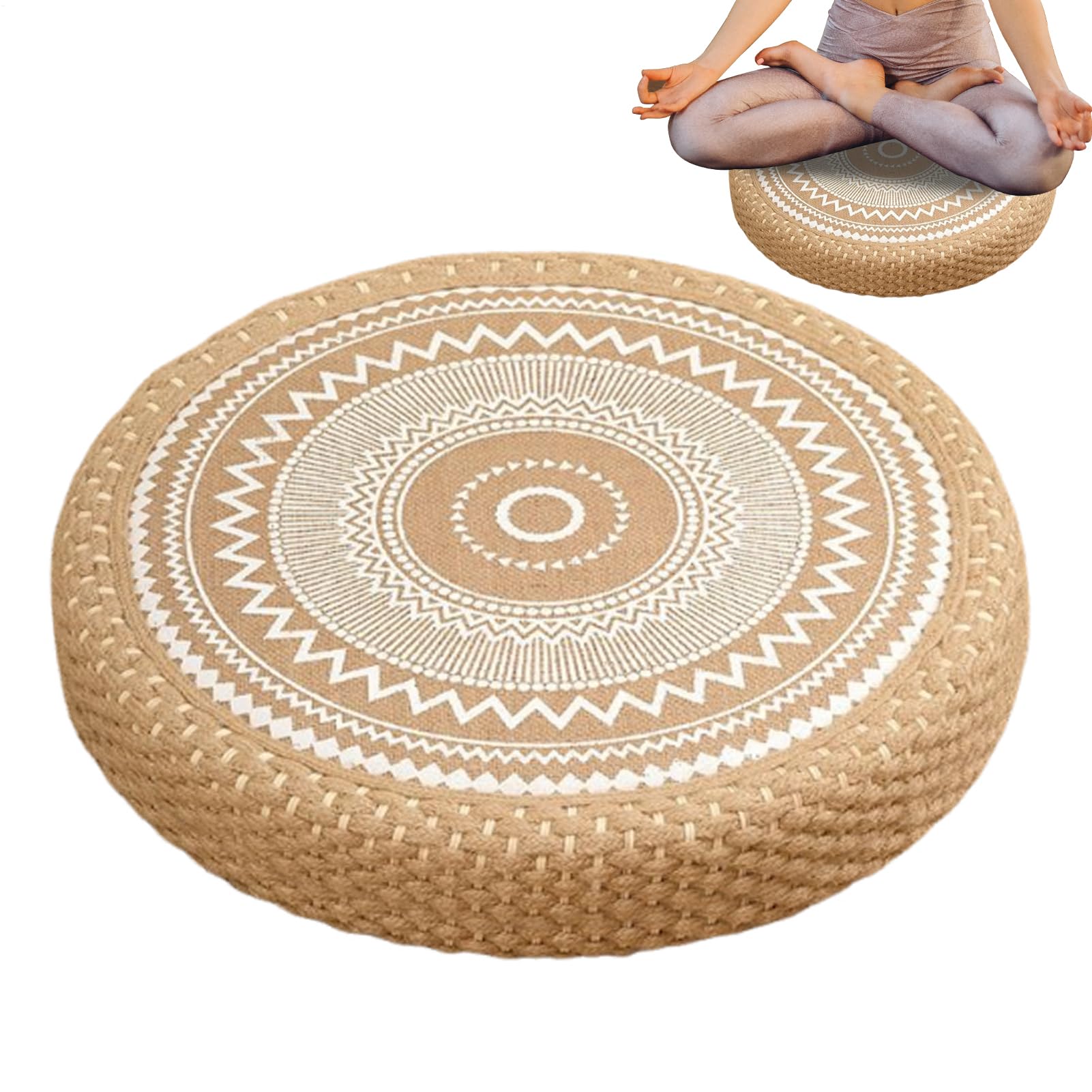WEITING Coussin De Méditation Tapis Rond en Paille Rembourré pour Sol | Housse Lavable Tapis Décoratif Boho Pour Balcon Salon De Thé Extérieur Cheminée