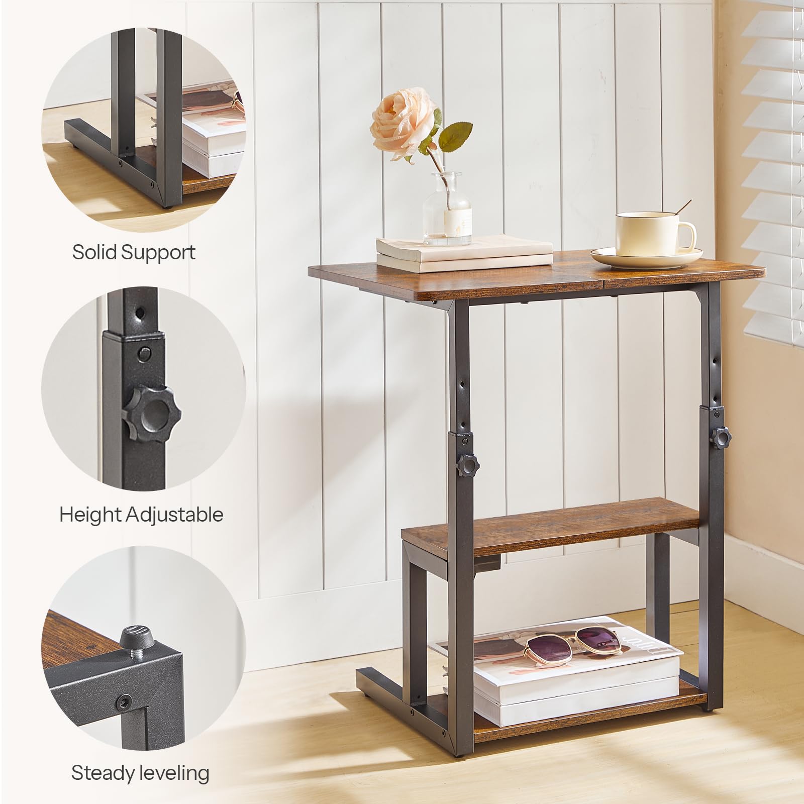 HOOBRO Table d’Appoint en C, Hauteur Réglable de 50 à 75 cm, Table Basse avec 3 Étagères, Plateau Supérieur 52 x 38 cm, pour Canapé, Lit, Bureau, Chambre, Salon, Marron Rustique et Noir EBF81SF01