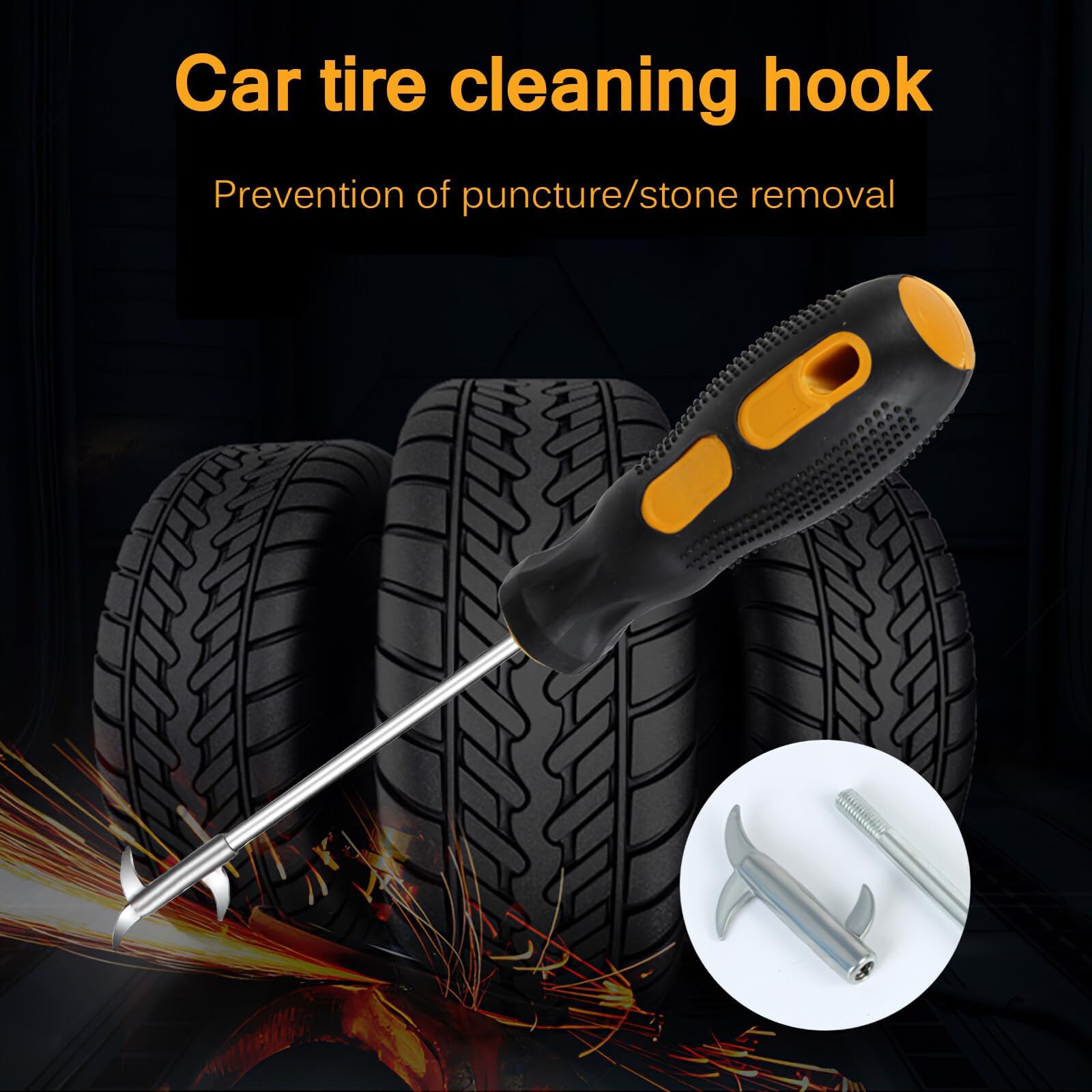 304/Stainlees Steel Tyre Stone Remover Tool, Multipurpose Car Hook, Tire Cleaning, Tyre Stone Picker for Motor Bike Truck Car Wheel Cleaing Hook with Solid Rubber Handle(Built-in Screwdriver) - Image 3 thumbnail