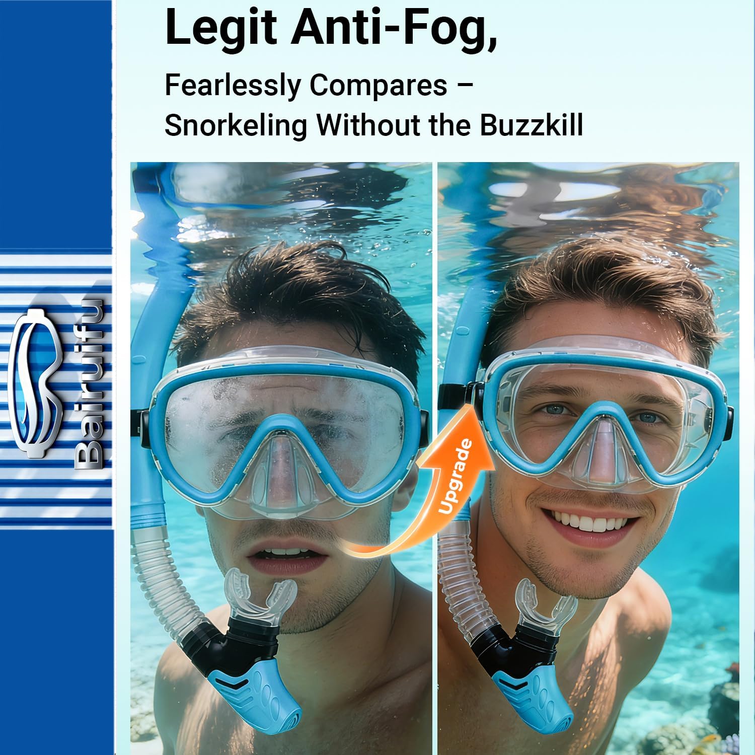 Bairuifu 2-Pack Snorkel Gear for Adults | Enhanced Anti-Fog & Anti-Leak Snorkeling Mask | Breath-Free Dry Snorkel | 180° Panoramic View with Quick-Dry Bags