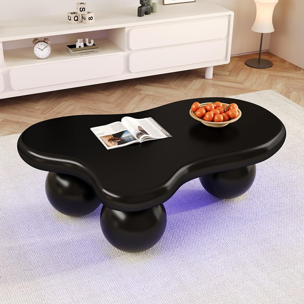 Sweiko Table Basse Design Nuage avec éclairage LED (16 Couleurs), Forme Originale, Pieds arrondis, Idéale pour Salon Moderne et Chambre d'enfant,Plateau Style Cloud Lumineux (Black)