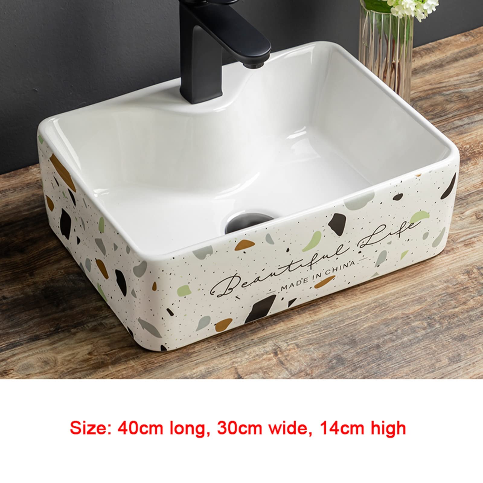 Umywalka Nablatowa Z Misą, Nowoczesna Umywalka Ceramiczna Z Lastryko, Z Czarnym Kranem, Porcelanowy Wzór Artystyczny, Czarne, Czarne