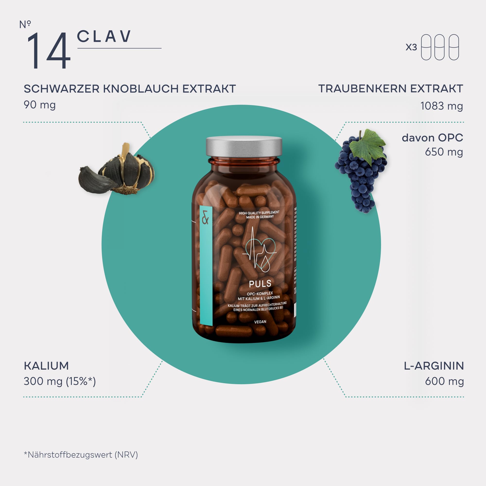 N°14 Puls - OPC Traubenkernextrakt mit 650mg OPC hochdosiert je Tagesdosis, L Arginin, Schwarzer Knoblauch & Kalium für den Blutdruck - 120 Kapseln - Vegan