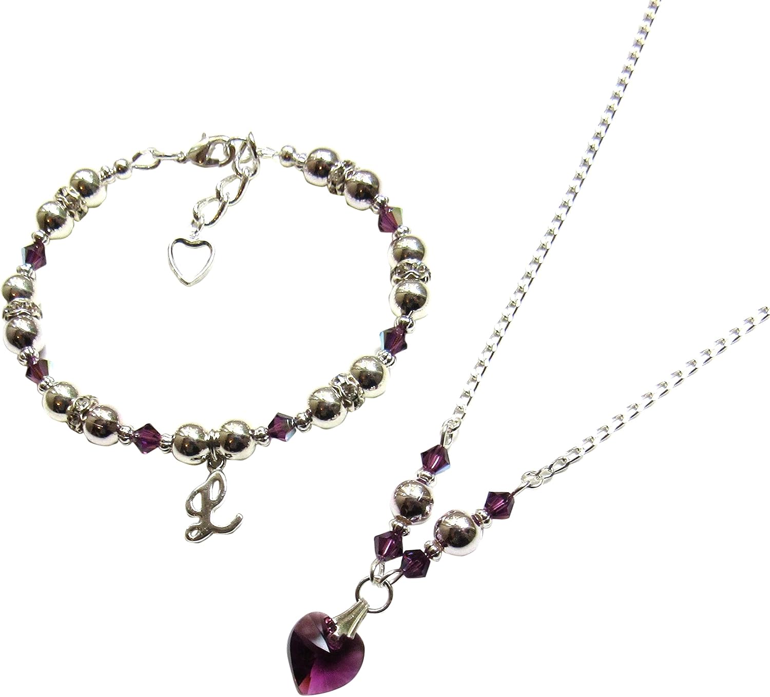 Birthstone Necklace and Initial Bracelet Set, Crystal Heart Necklace, Choose Birthstones Sizes and Letter, Personalized Jewelry Set for Girls and Women