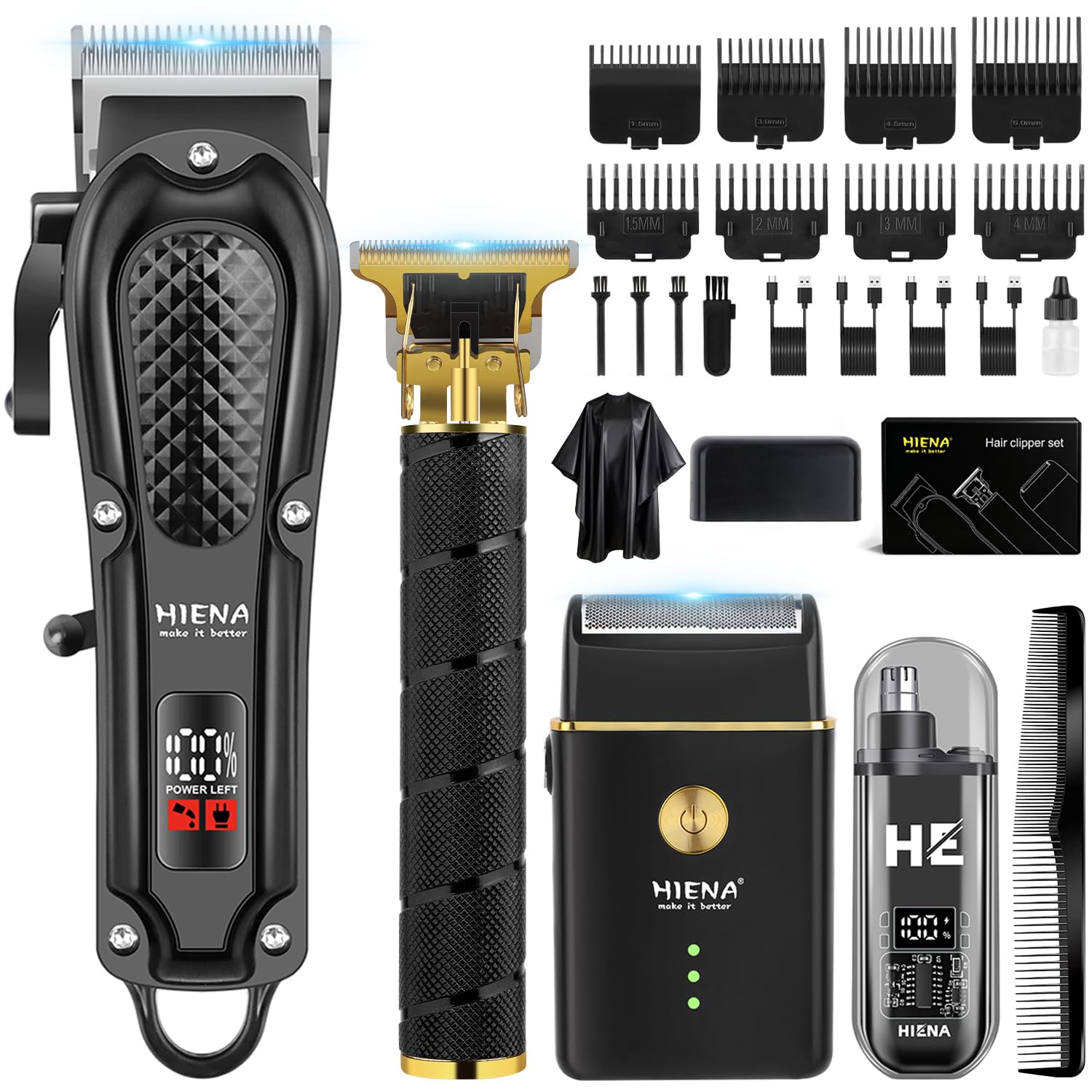 HIENA PRO Hair Clippers for Men Professional Cordless Barber Clipper T-Blade Beard Hair Trimmer Set Electric Razor Foil