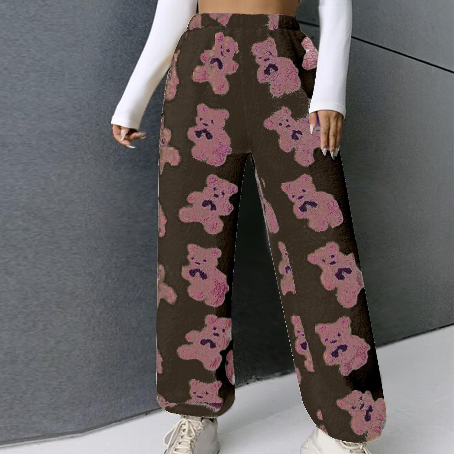 Uillui Women's Cute Bear Fleece Pajama Pants Teen Girls Trendy Sweatpant Soft Fluffy Fuzzy Warm Winter Pjs Bottoms Sleepwear