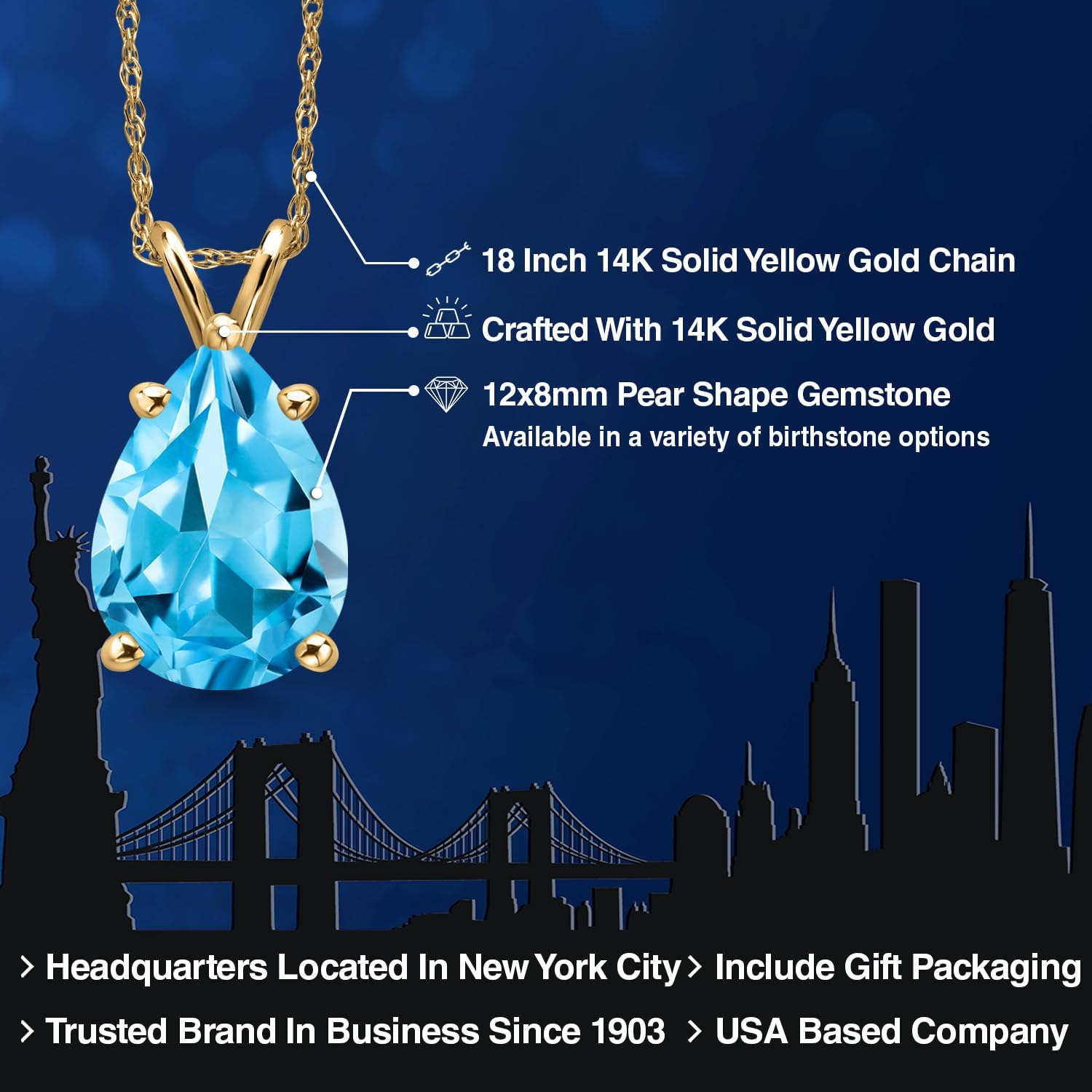 Gem Stone King 14K Yellow Gold Swiss Blue Topaz Pendant Necklace for Women | 3.73 Cttw | Gemstone November Birthstone | Pear Shape 12X8MM | With 18 Inch Chain - Image 2