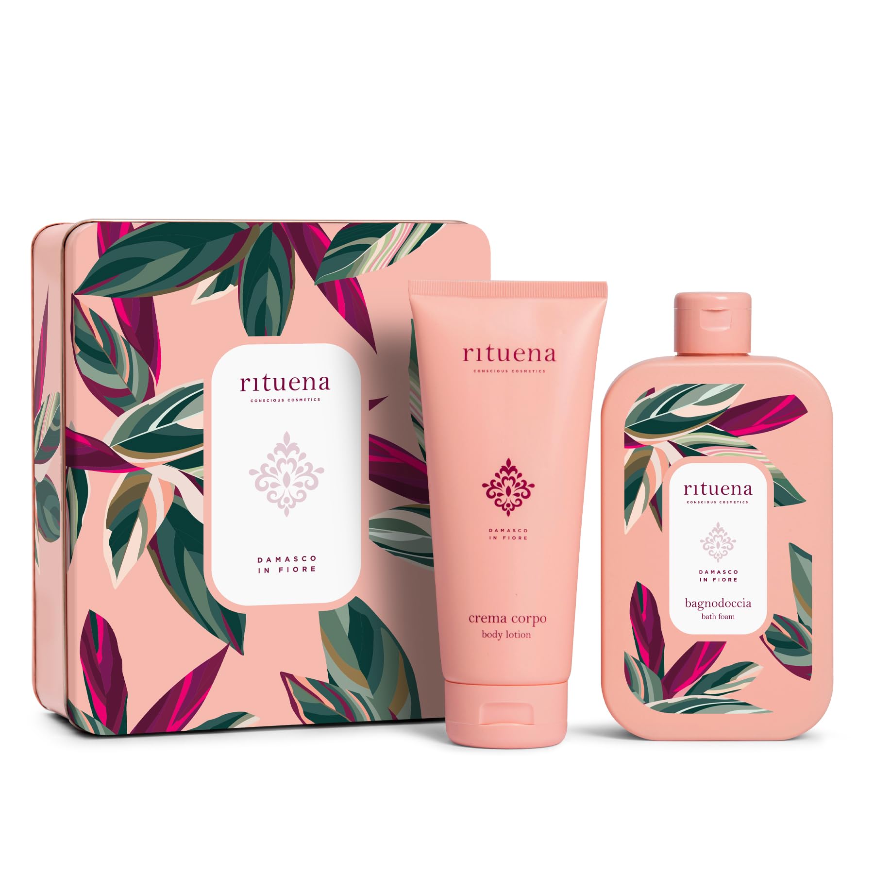 RITUENA | Damasco in Fiore, Confezione Regalo, Docciaschiuma 400ml + Crema Corpo 200ml in Elegante Scatola in Latta, Fragranza Elegante Ispirata ai Fiori di Damasco