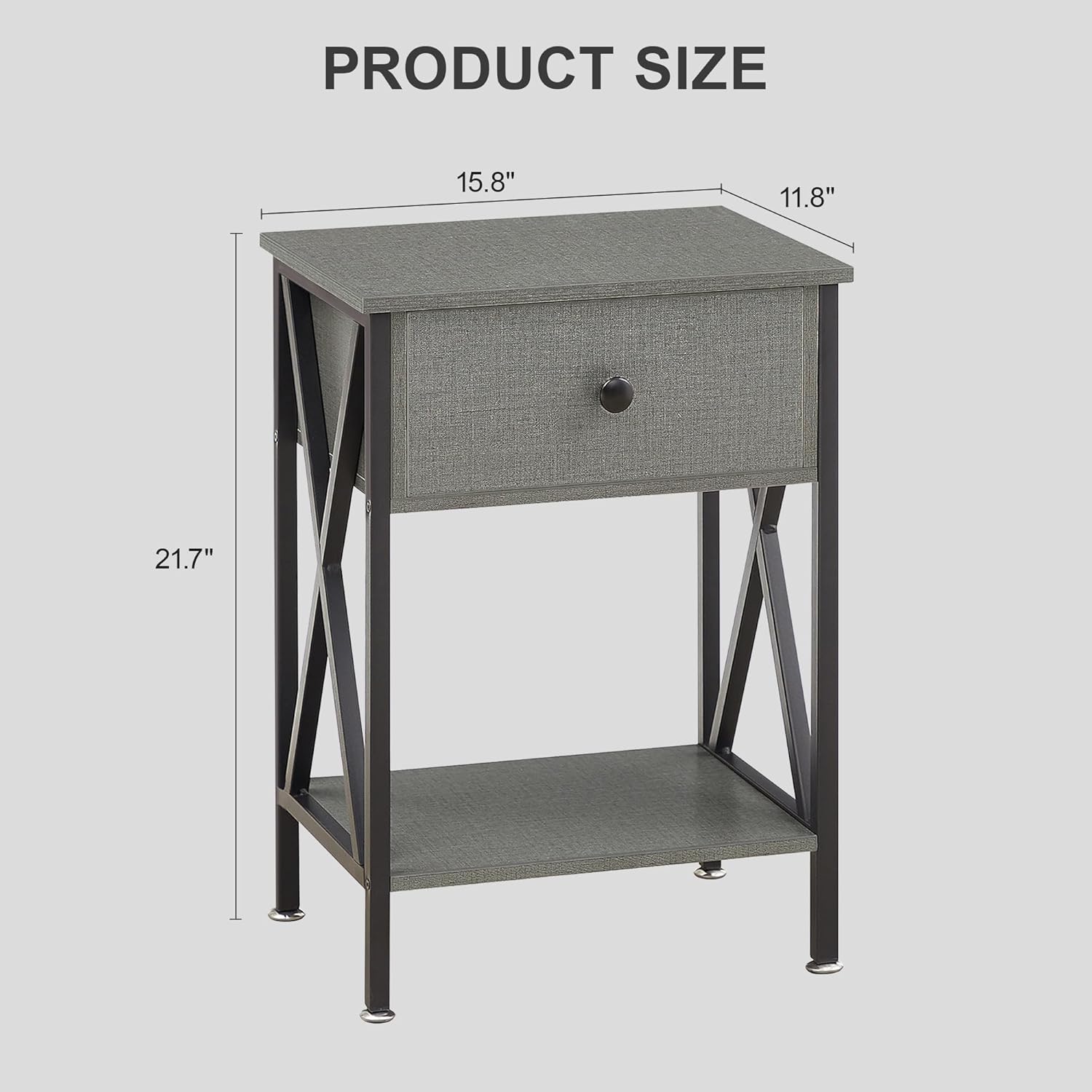 VECELO Night Stand Set of 2, End Tables with Drawer, 2-Tier Bedside Tables with X Shaped, Side Table Stand with Storage Shelf for Living Room/Bedroom,Dark Gray