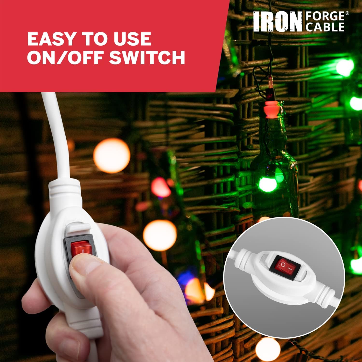 Iron Forge Cable 6 Ft 3 Outlets White Extension Cord with Inline Switch On/Off, 16/3 SJTW 3 Prong with Hook for Hanging -10 AMP Cord - ETL Listed