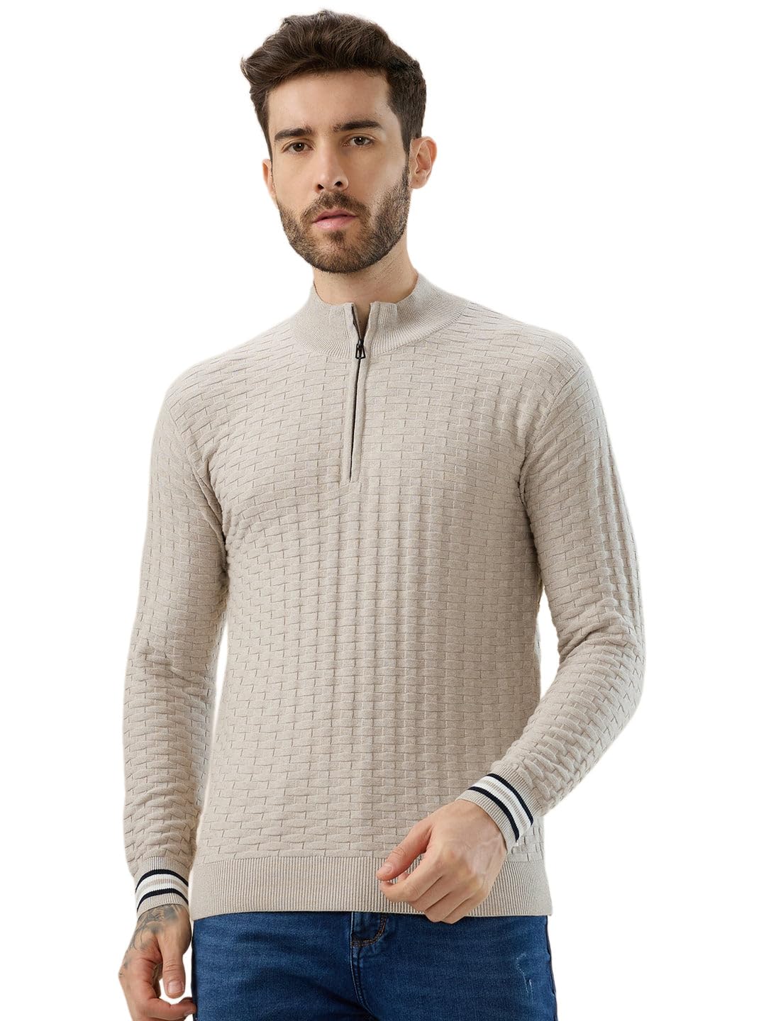 status quo Men’s Trendy Textured Knit Half Zip High Neck Full Sleeves Sweater-picture-11