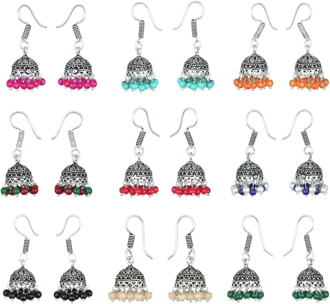 Waama JewelsCombo of 9 Multicolor Silver Jhumkis Combination Earrings For Women