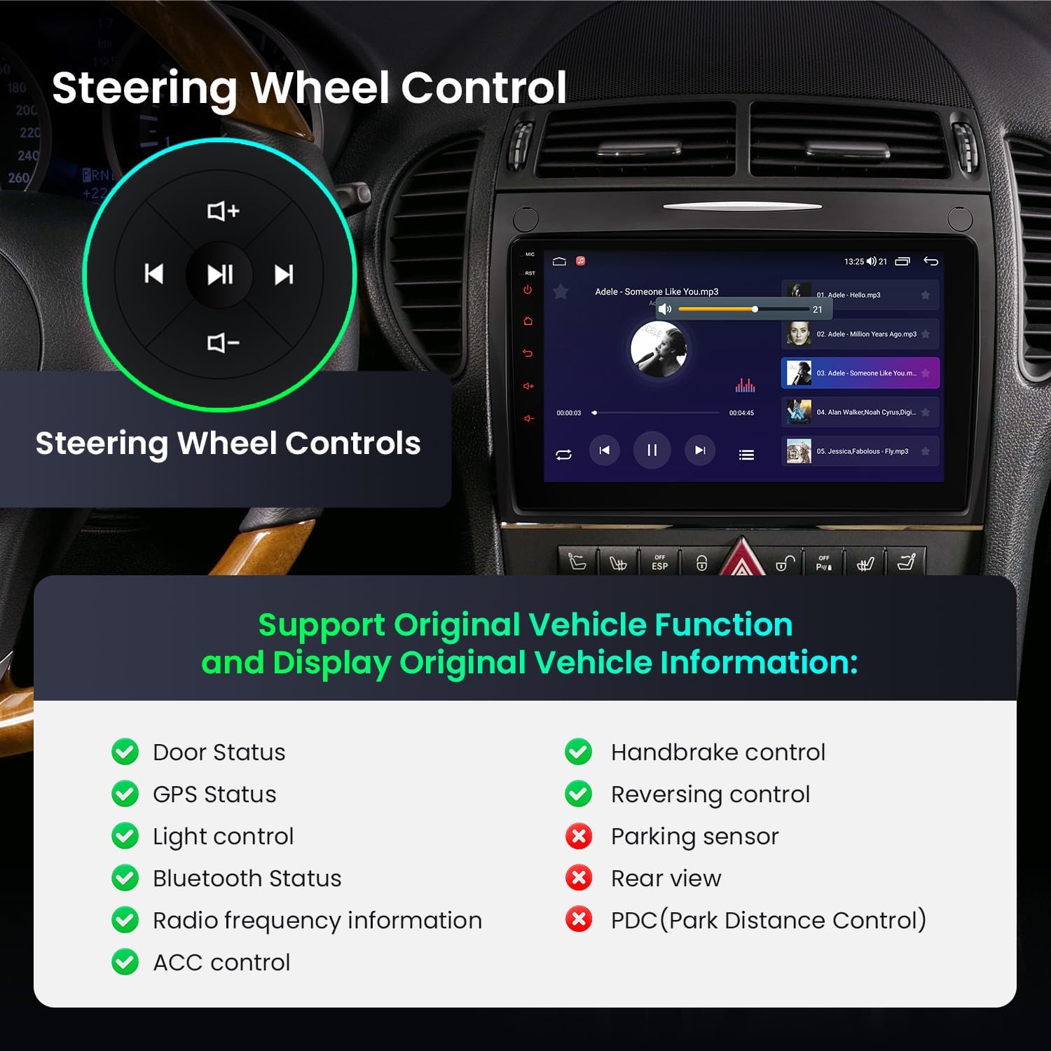 Screenshot showing the steering wheel controls interface on the XTRONS car stereo, with icons for volume, track skip, and call management. Also lists supported original vehicle functions like door status, GPS status, light control, Bluetooth status, radio frequency information, and ACC control.
