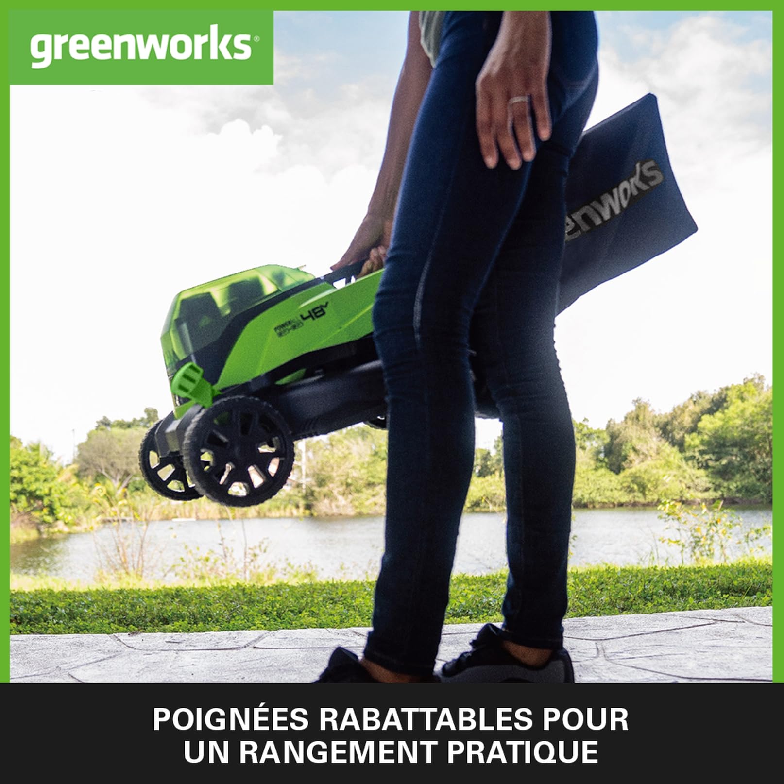 Greenworks 48V (24V x 2)Tondeuse à Gazon Sans Fil pour Pelouses Jusqu'à 210m², Largeur de Coupe 36 cm, Sac de 40L, INCLUS Deux Batteries de 24V 2Ah et Chargeur Double, Garantie 3 Ans, G24X2LM36K2X