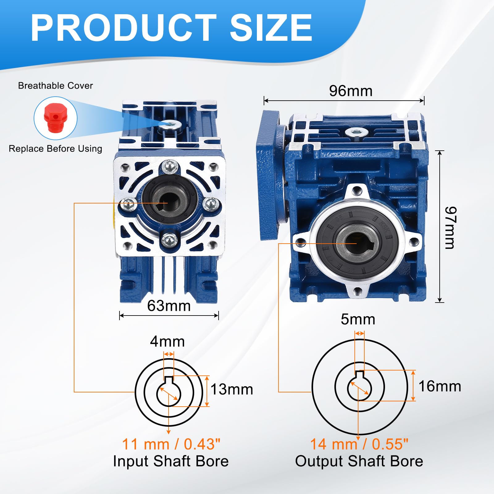 QUARKZMAN NMRV030 Schneckengetriebe Übersetzungsverhältnis 50:1 14mm Ausgangswelle Hochdrehmoment Schneckengetriebe Drehzahlreduzierer Für Nema24 Schrittmotor/Nema23 Servomotor Blau