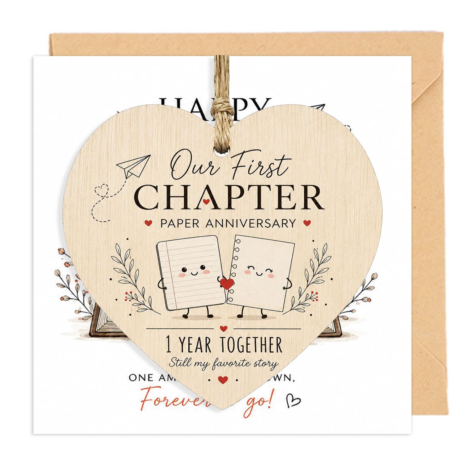 Wooden Heart Keepsake - 1st Wedding Anniversary Card &1st Wedding anniversarygifts For Husband Wife Couple, First Chapter Paper Card, First Year Anniversary