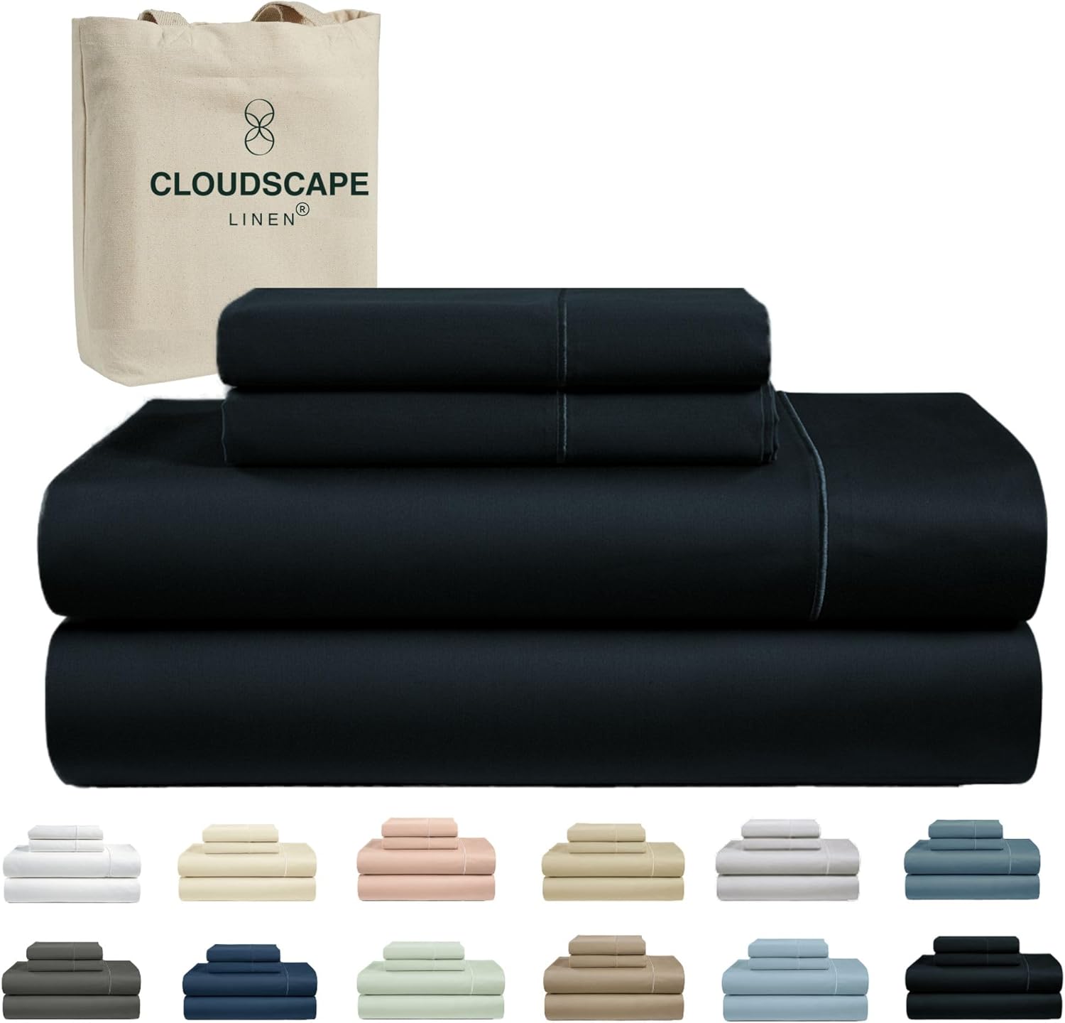 Cloud Scape Linen 100% Egyptian Cotton King Sheets Set  1000 Thread Count, 4-Piece Soft Hotel Quality Bedding Set,Deep Pockets up to 16, Black
