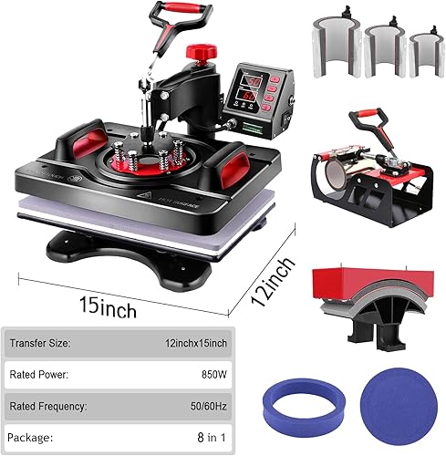 Miniatura 7 de Máquina de prensa de calor industrial 8 en 1 mejorada de 15 x 12  Potencia de sublimación de oscilación digital, calefacción de grado profesional,