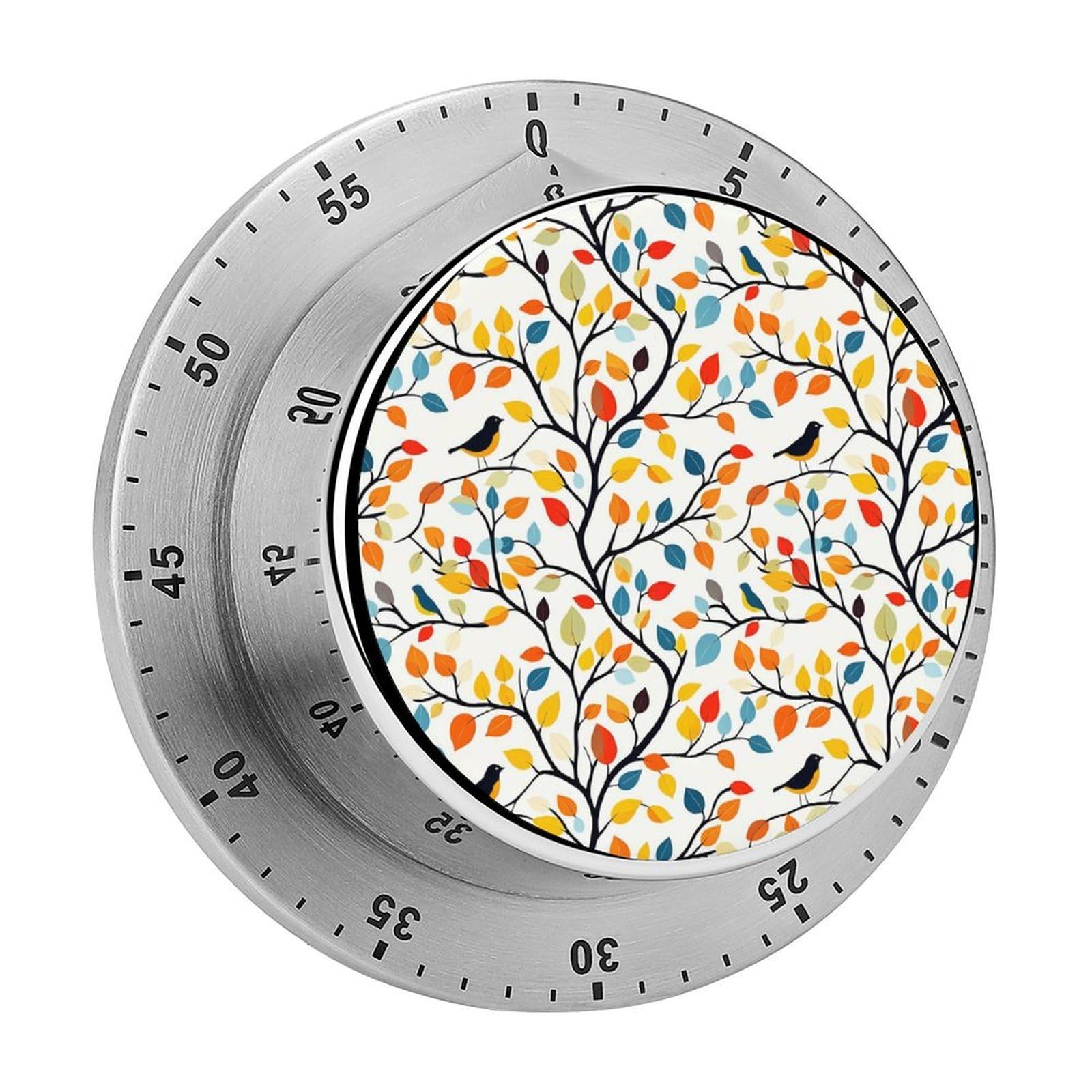 Autumn Birds Tree Branch Pattern 60 Minute Wind Up Timer,Visual Mechanical Magnetic Timer with Loud Alarm for Kitchen