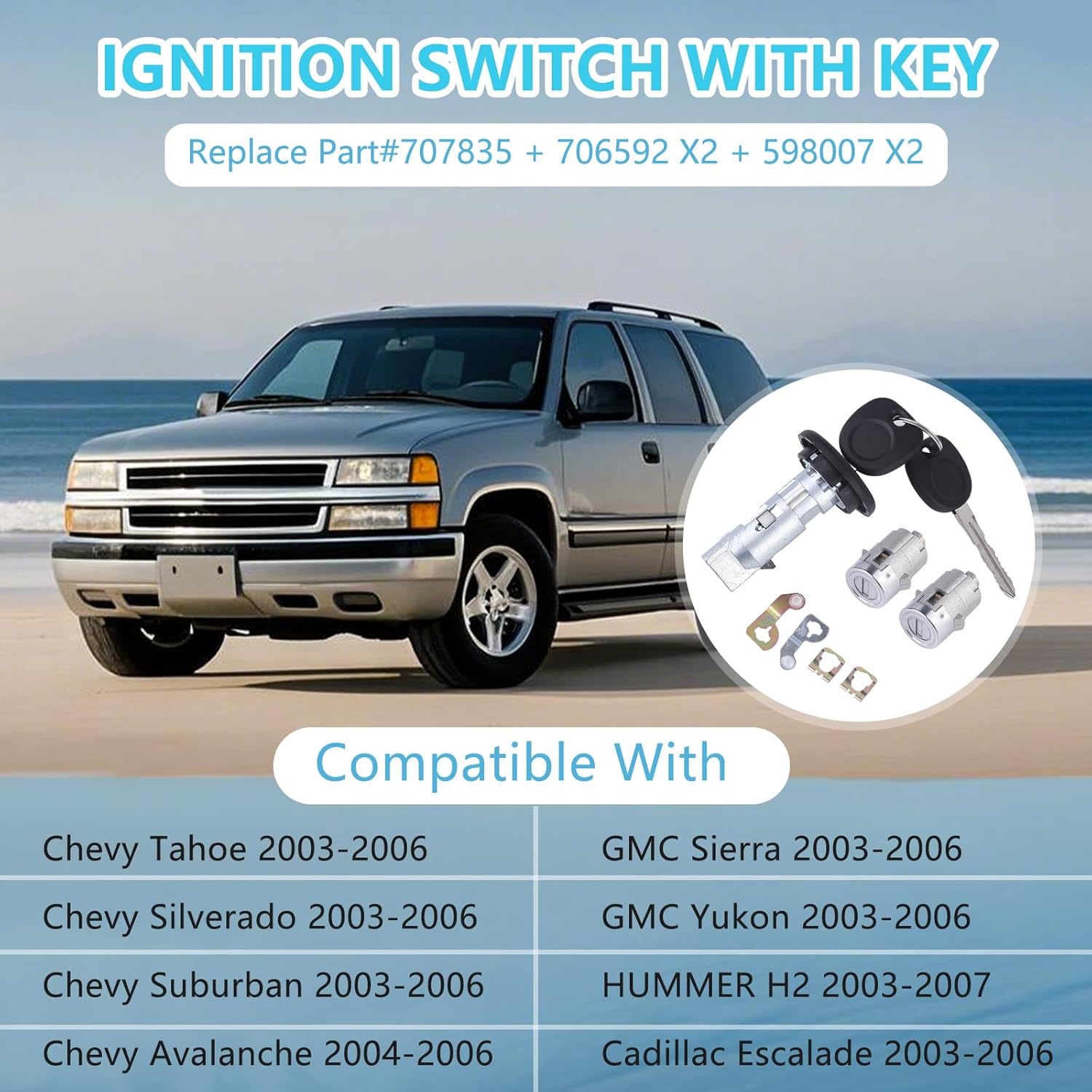 XinHMYKJ Ignition Switch with Key, lgnition Lock with Pair Front Door Lock Cylinder Fits 2003-2006 Chevy Silverado Suburban GMC Sierra Yukon Cadillac Escalade Replace OE# 707835,706592,598007