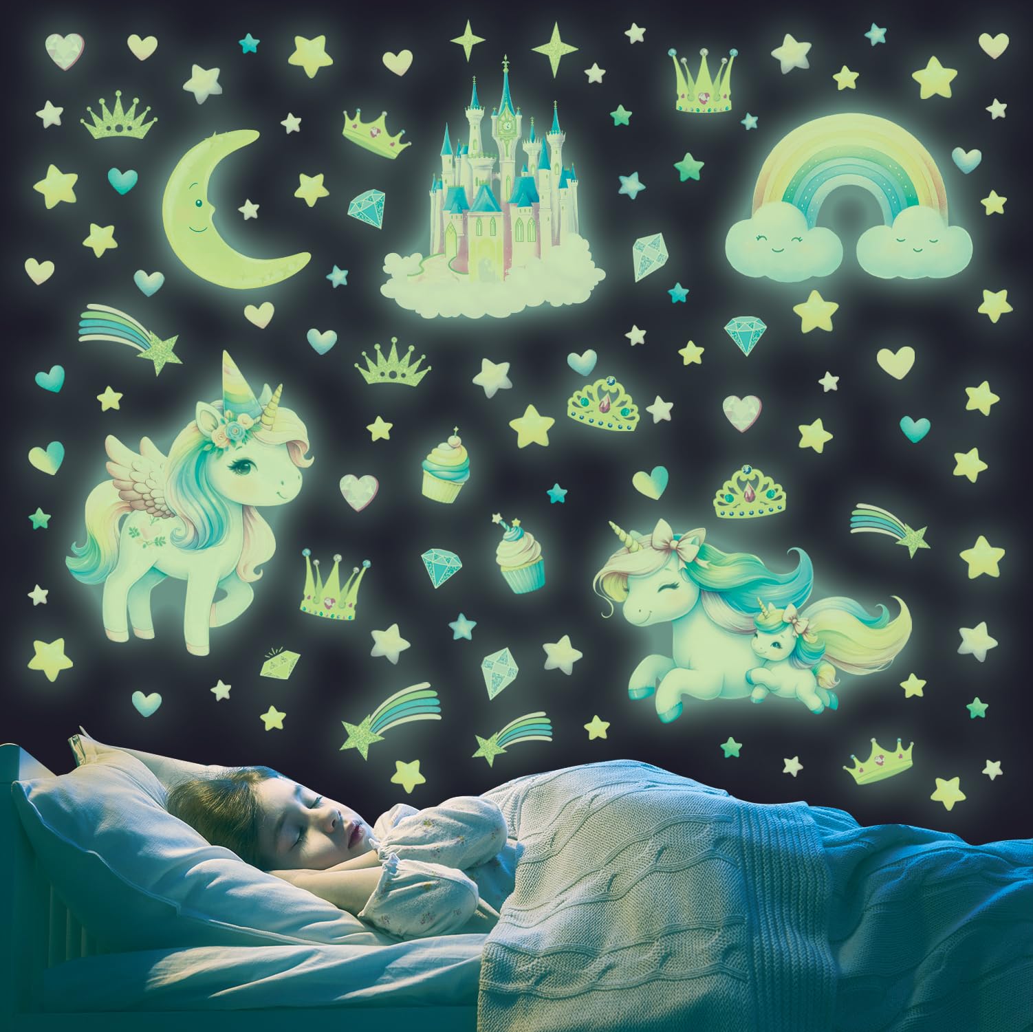 DECOWALL Glow in the Dark Unicorn Wall Stickers, Magical Rainbow Star Castle Wall Decals