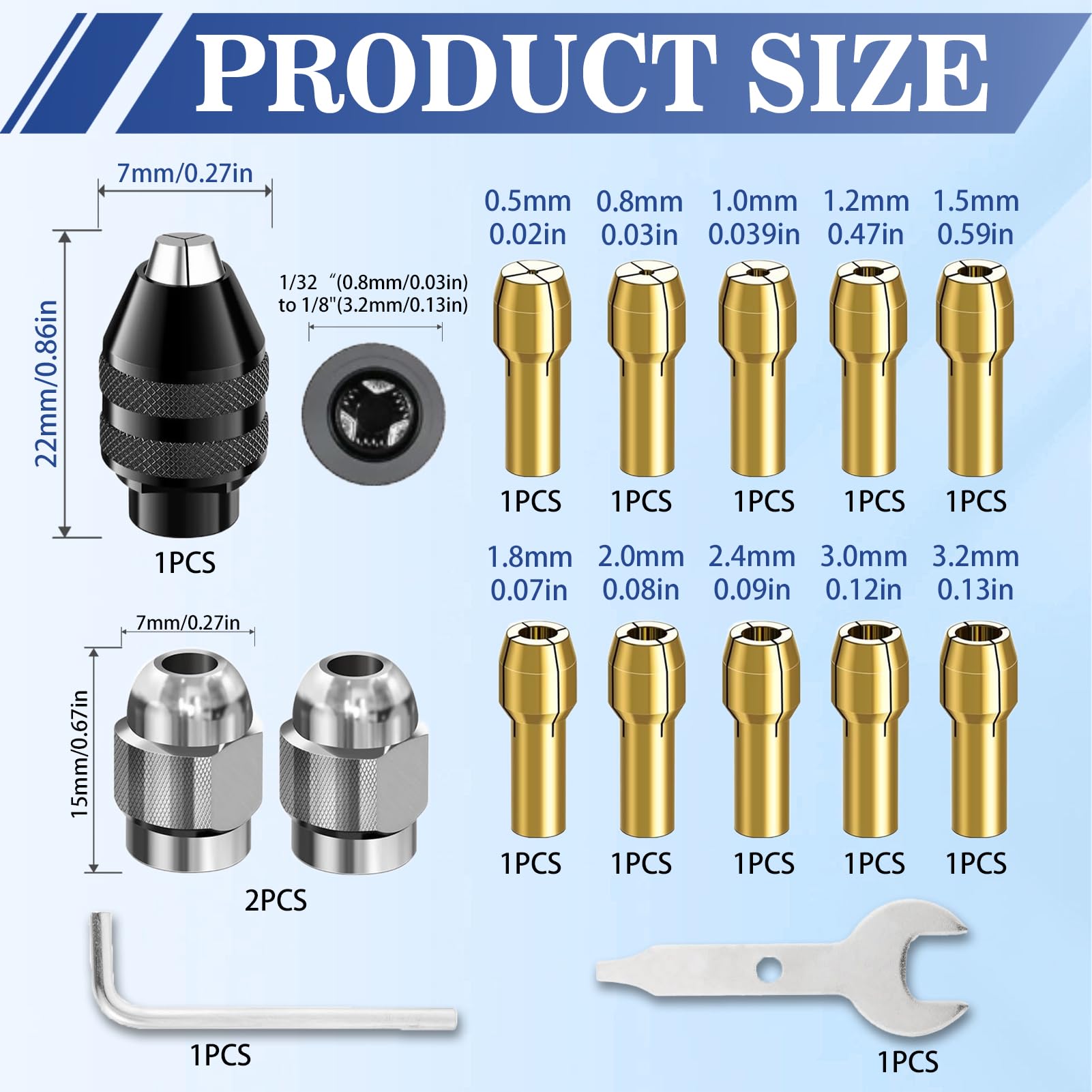 Lot De 13 Mandrins De Perçage Compatibles Dremel – Mandrin 4486 à Changement Rapide + 8 Pinces Laiton 0,8-3,2 Mm + Écrous Métal 4485