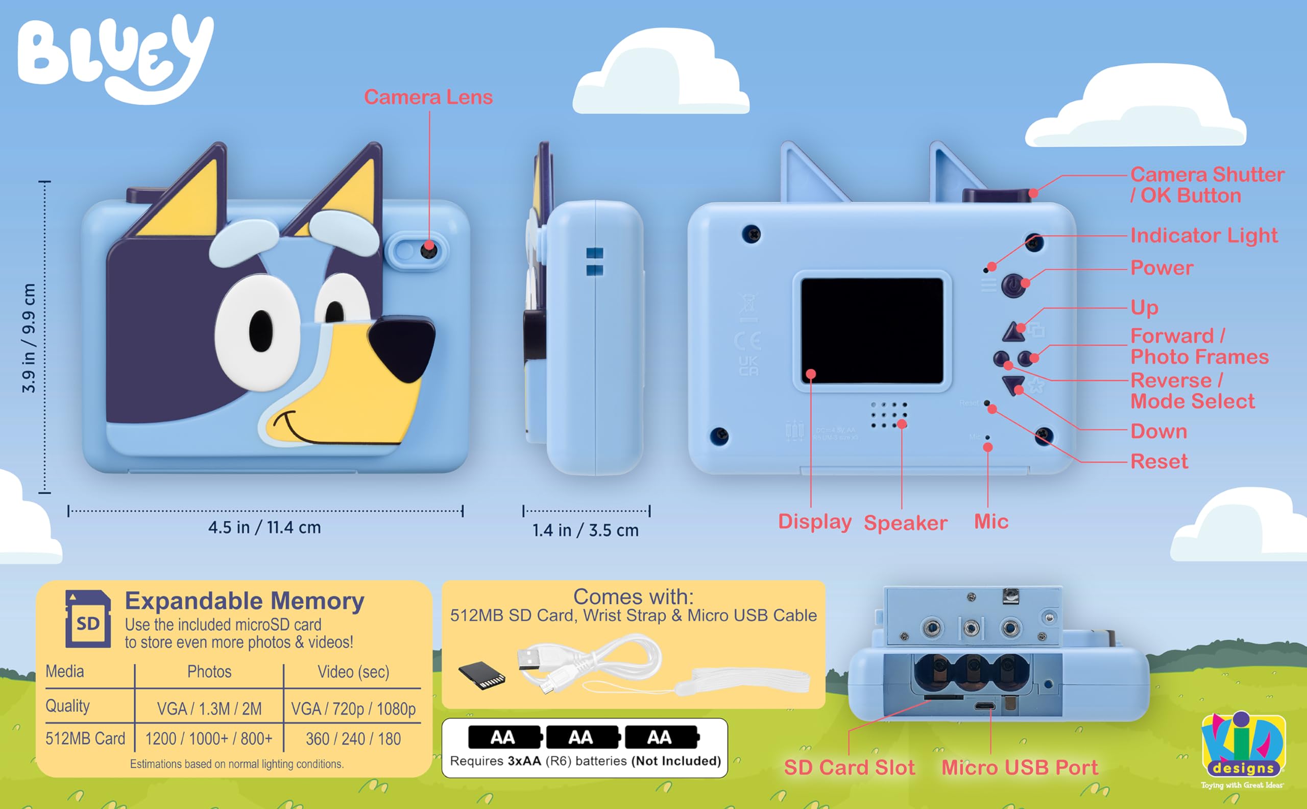 ekids Bluey Kids Camera with SD Card, Digital Camera for Kids with Video Recording, Built-in Digital Stickers, Bluey Toys Make Great Stocking Stuffers for Kids