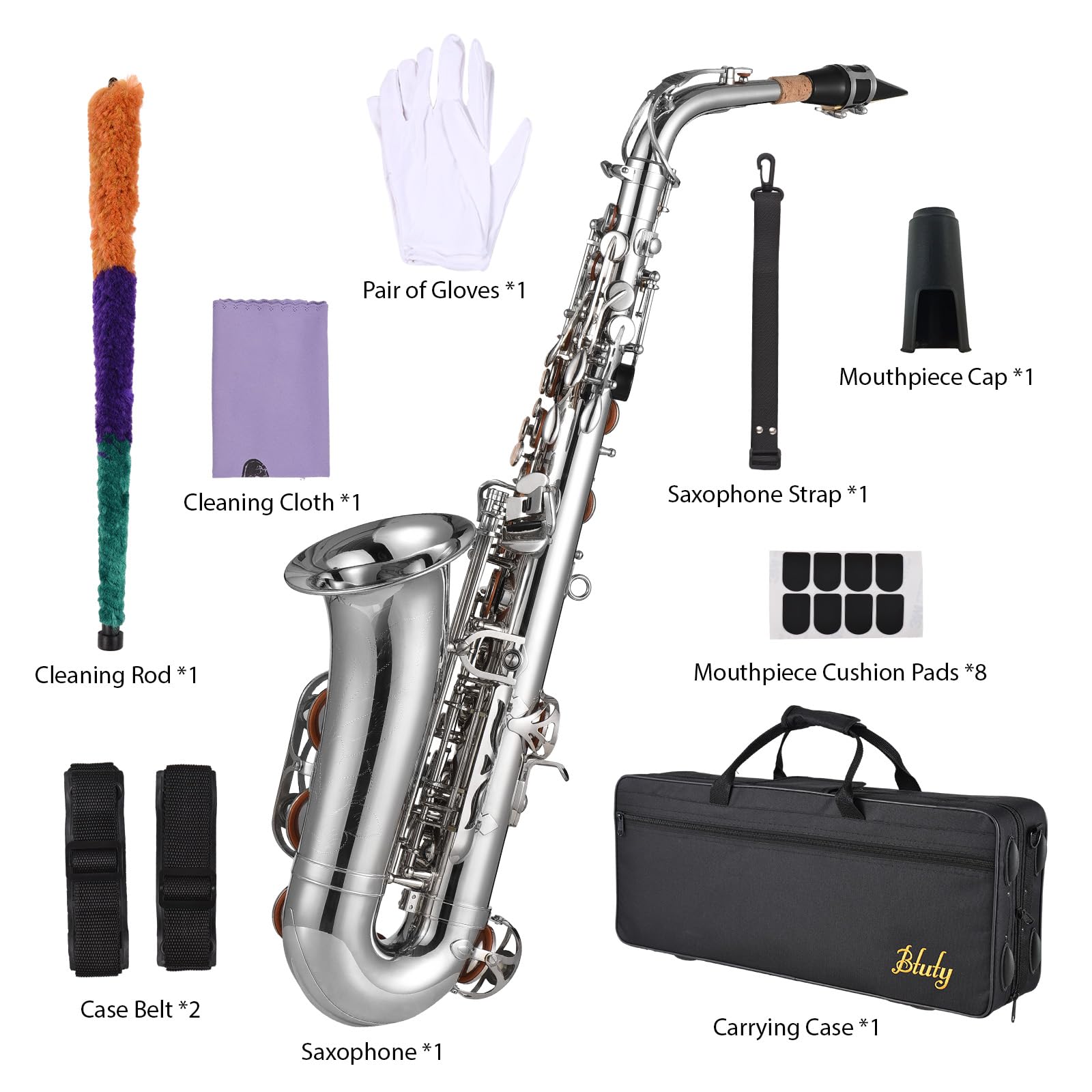 Btuty Eb Sassofono Alto Ottone E Flat Sax 802 Tipo Chiave Strumento a Vento in Legno Zeppe chiavi sax Sax Key Props per Alto con Barra di Pulizia Guanti in Tessuto Cinghia Imbottita